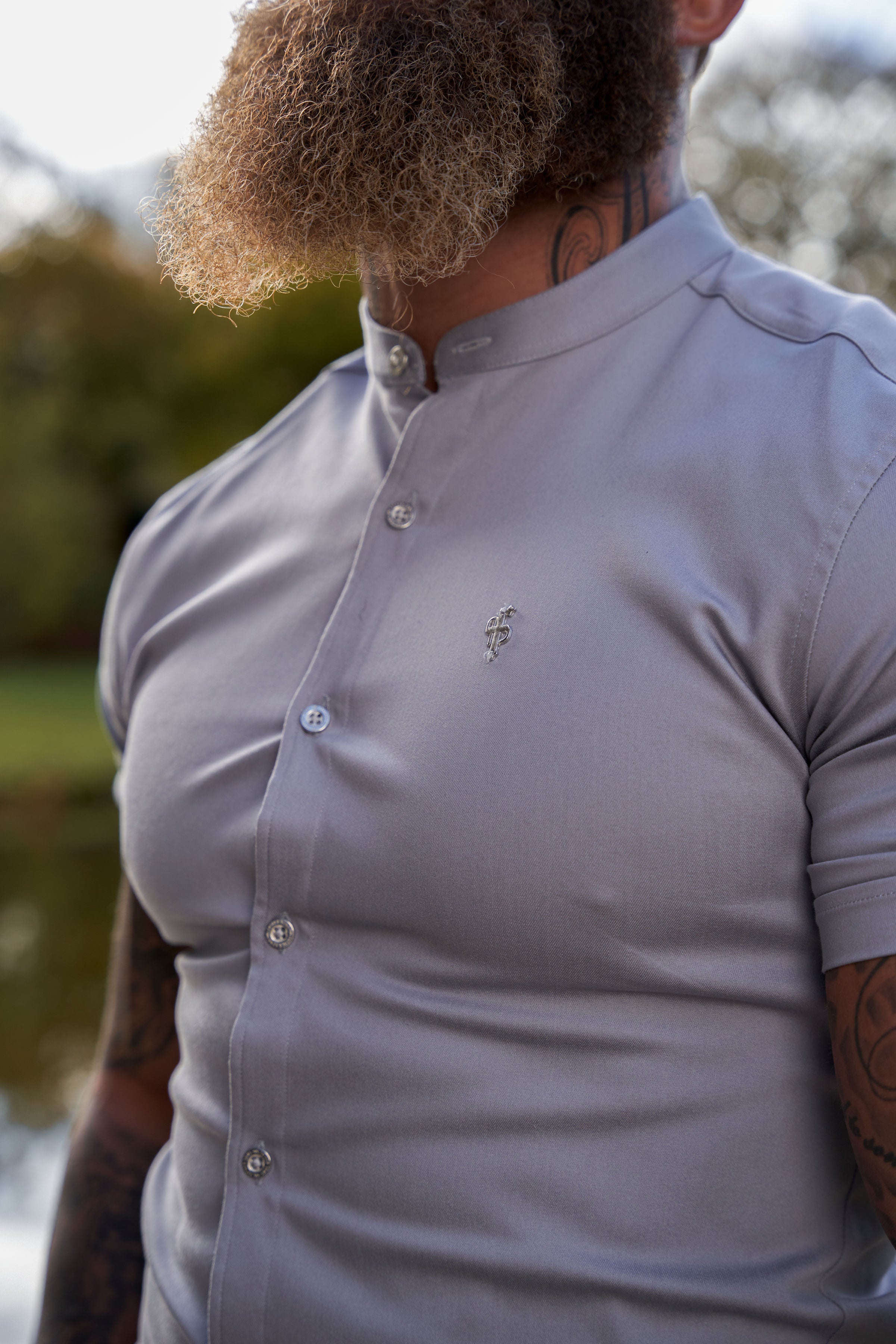 Super Slim Stretch Grey Denim Short Sleeve With Grandad Collar and Silver Metal Buttons and Decal  - FS963