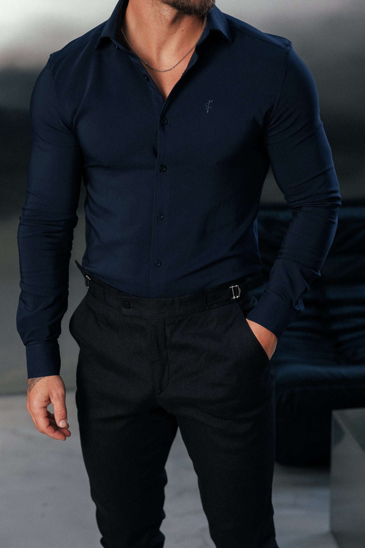 Slim Formal Black Linen Trousers With Side Adjusters - FST047