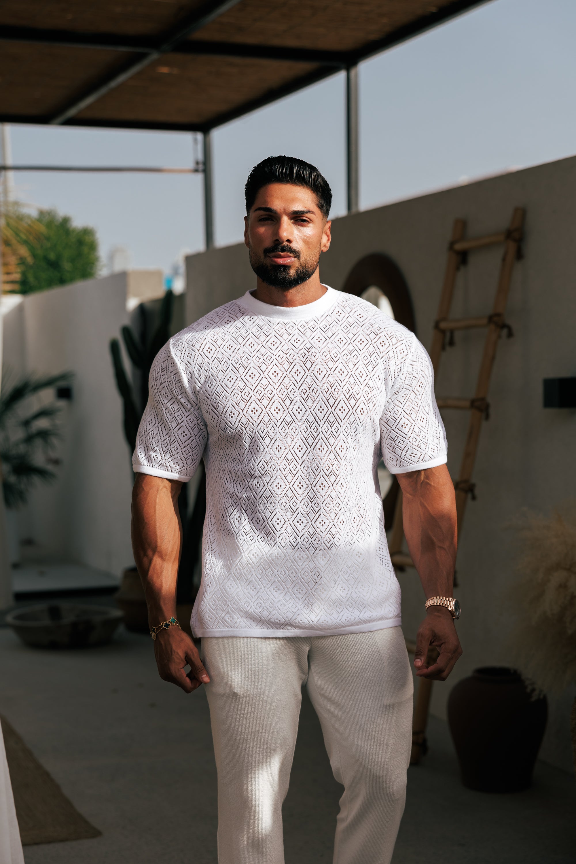 Crochet Crew T-Shirt White Short Sleeve - FSJ086