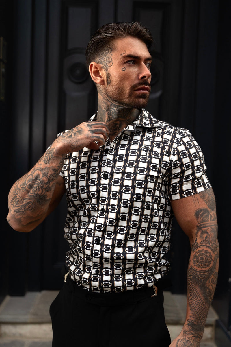 Father Sons Hawaiian Boxy Black / Cream / Taupe Link Print with Revere Collar Short Sleeve - FS996