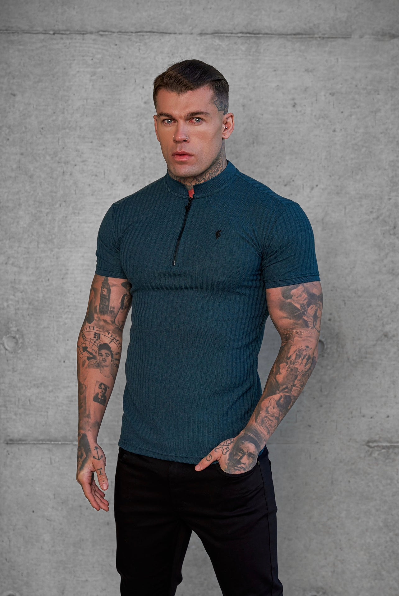 Classic Forest Green / Black Ribbed Black Zip Grandad Collar Shirt Short Sleeve - FSH917