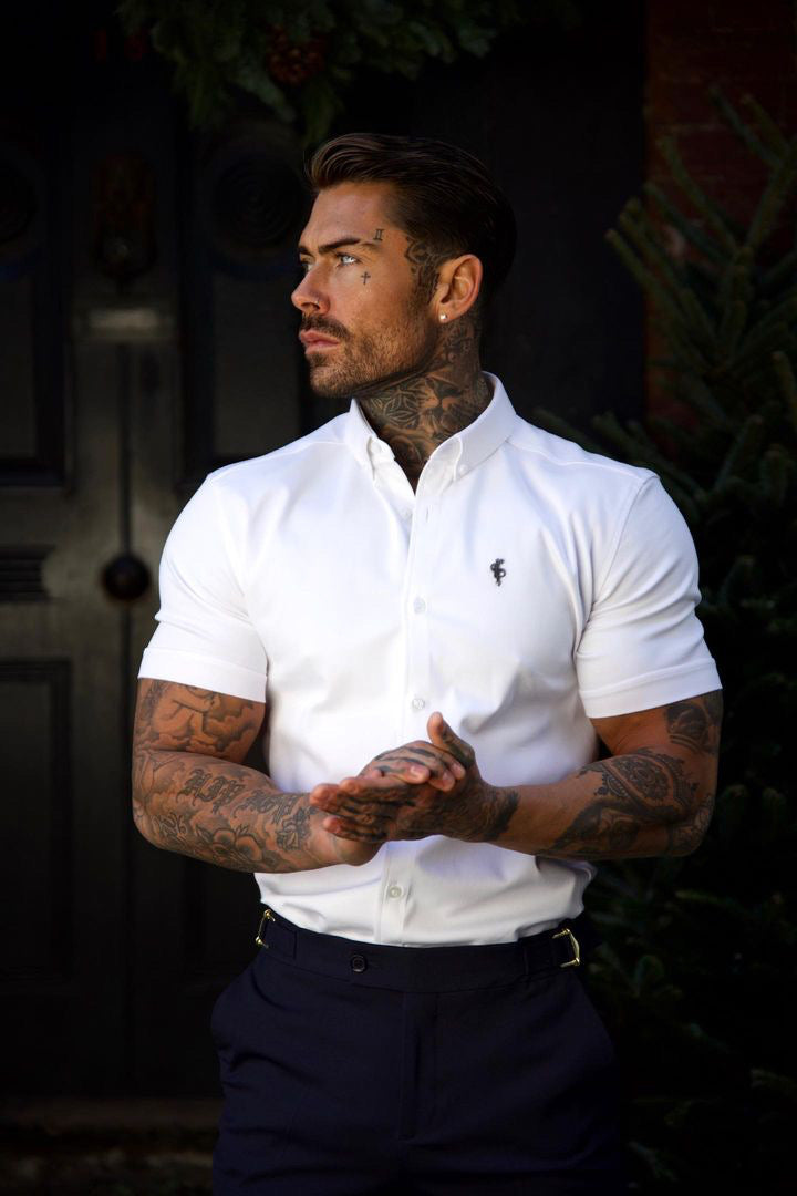 Super Slim Stretch White Denim Short Sleeve with Metal Decal Emblem - FS627