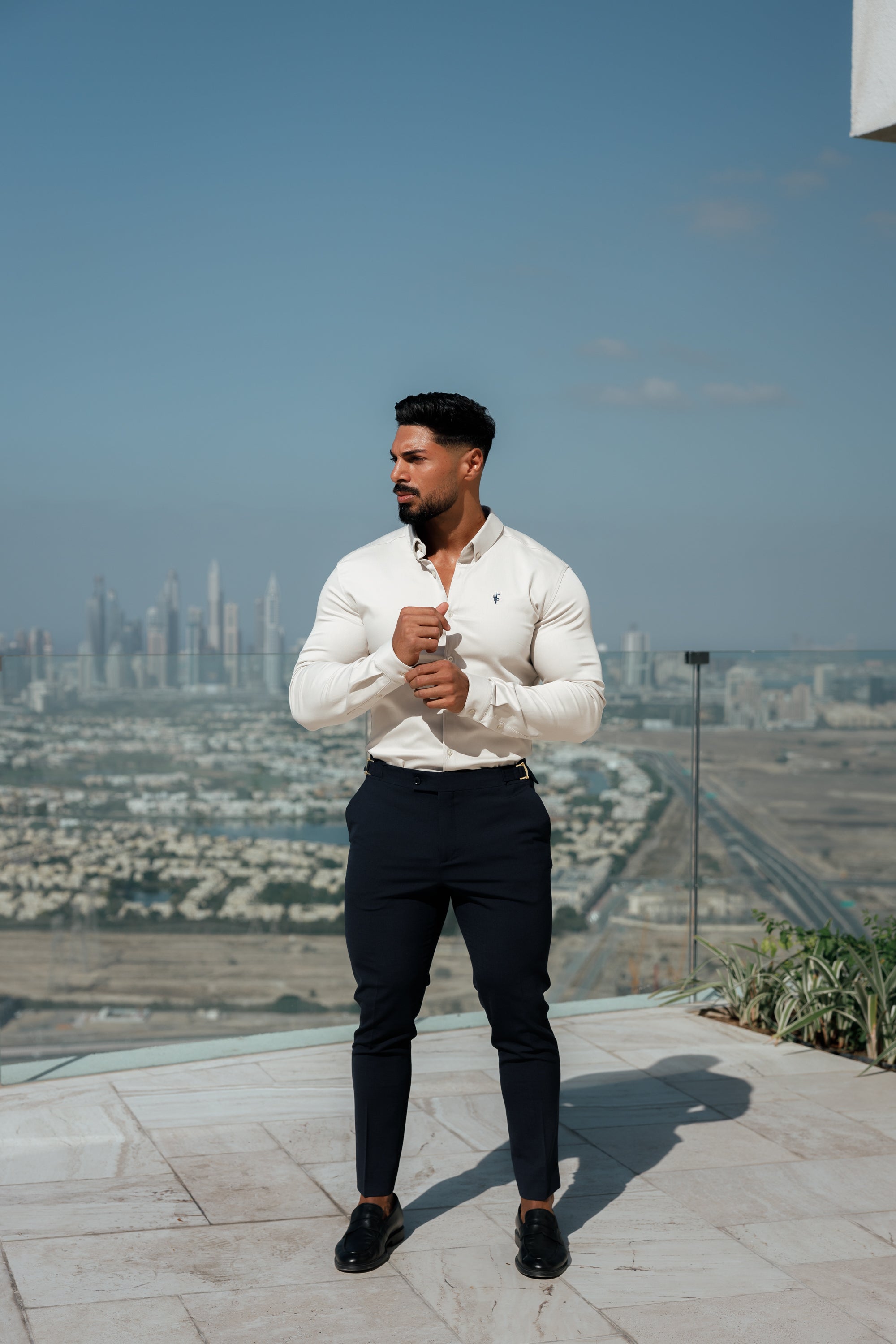 Super Slim Stretch Oatmeal Denim Long Sleeve With Button Down Collar - FS1024