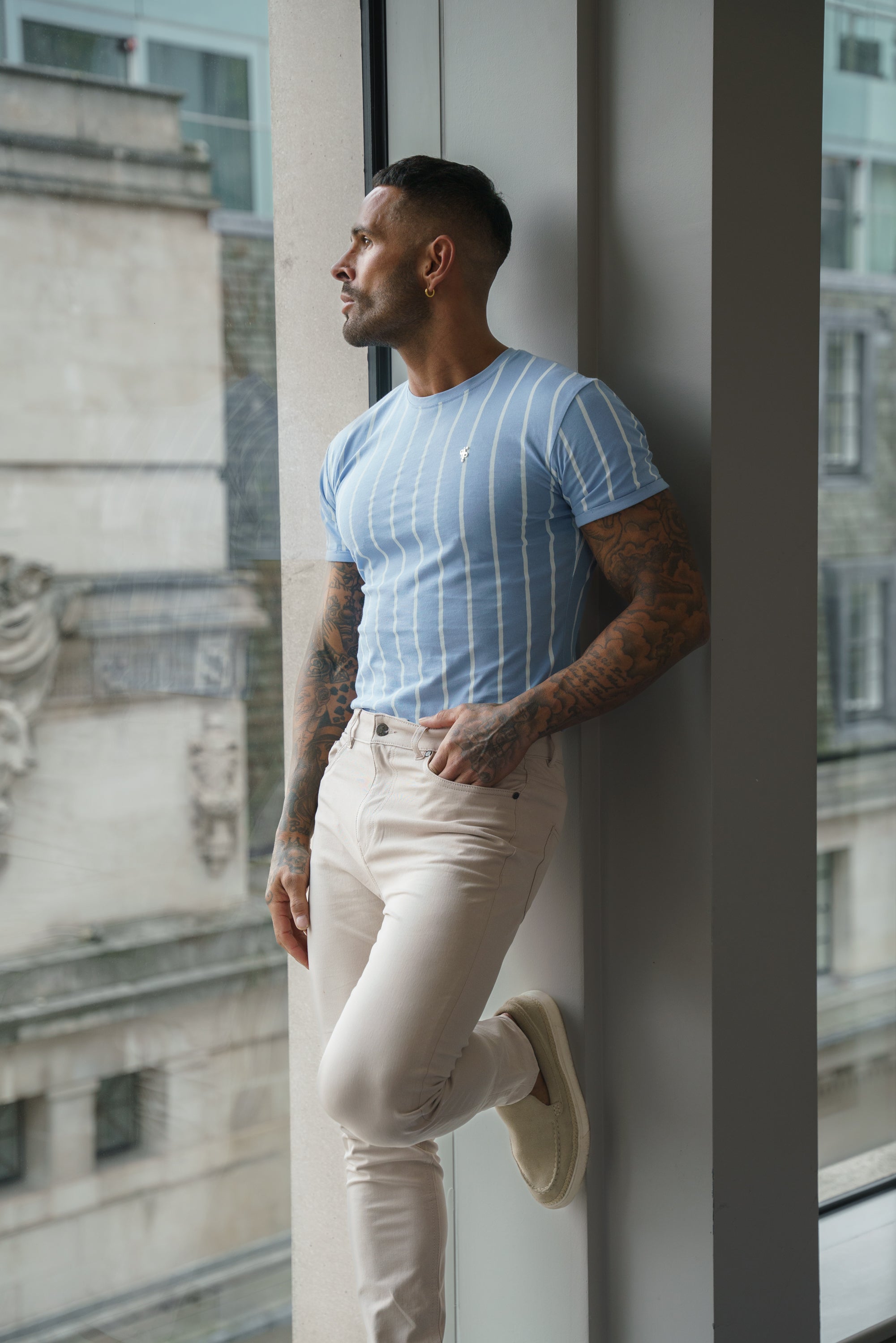 Printed Light Blue / White Stripe Fitted T Shirt - FSH1169