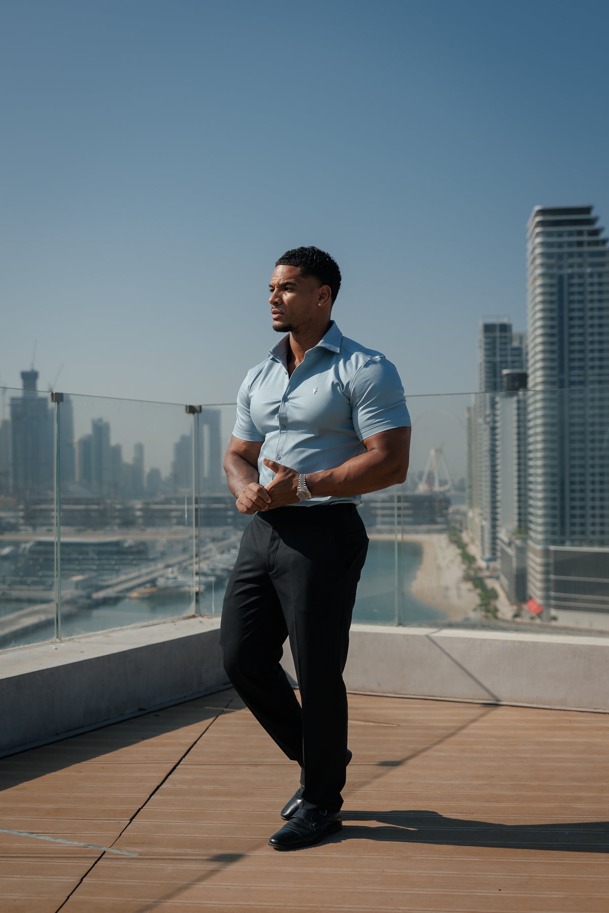 Super Slim Stretch Steel Blue Denim Short Sleeve with Silver Metal Decal and Cutaway Collar - FS1321