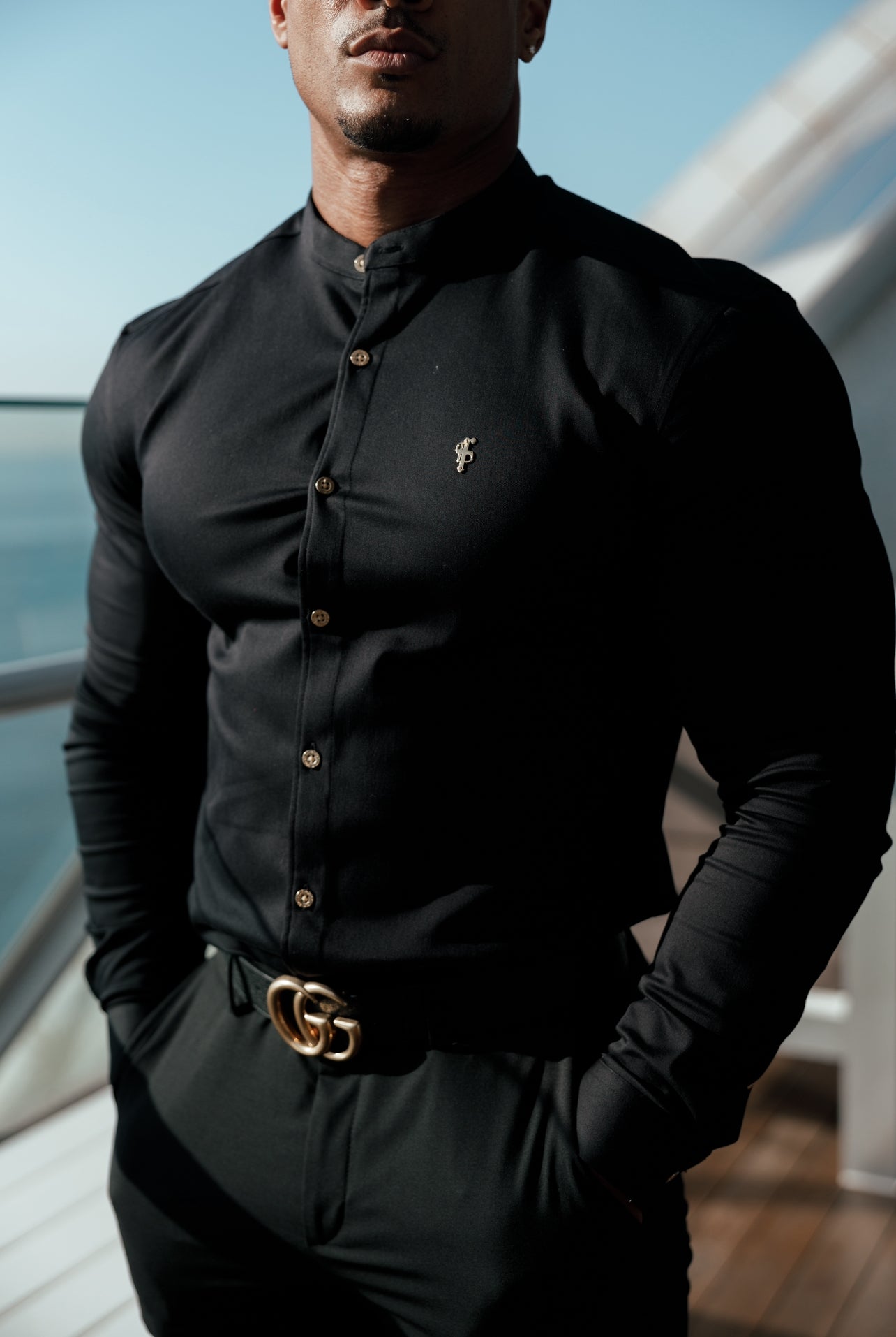 Super Slim Stretch Black Denim Long Sleeve Grandad collar with Metal Buttons and Decal Emblem - FS707