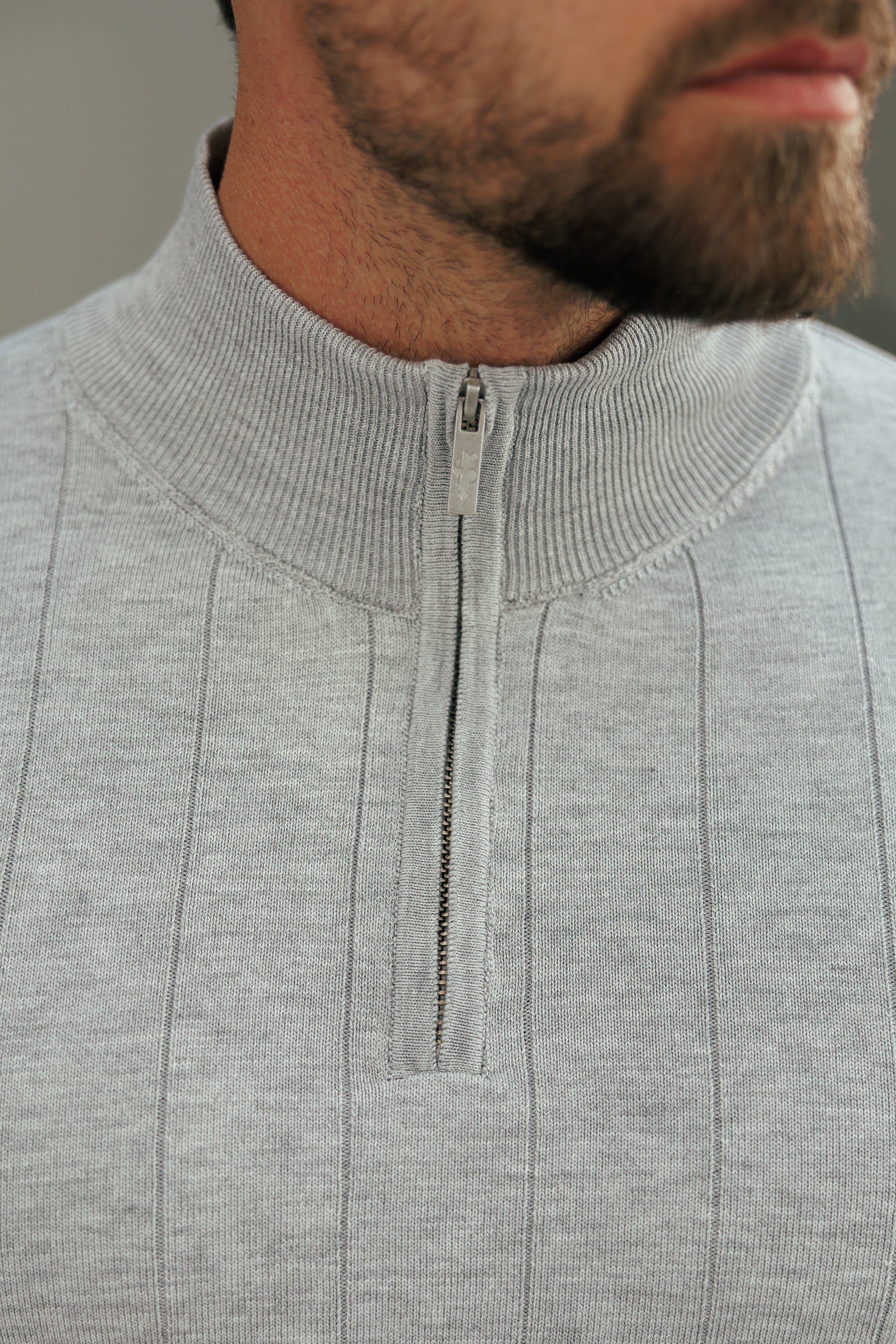 Self Stripe 1/4 Zip Funnel Neck Knit Jumper Silver Grey Long Sleeve  -  FSR051