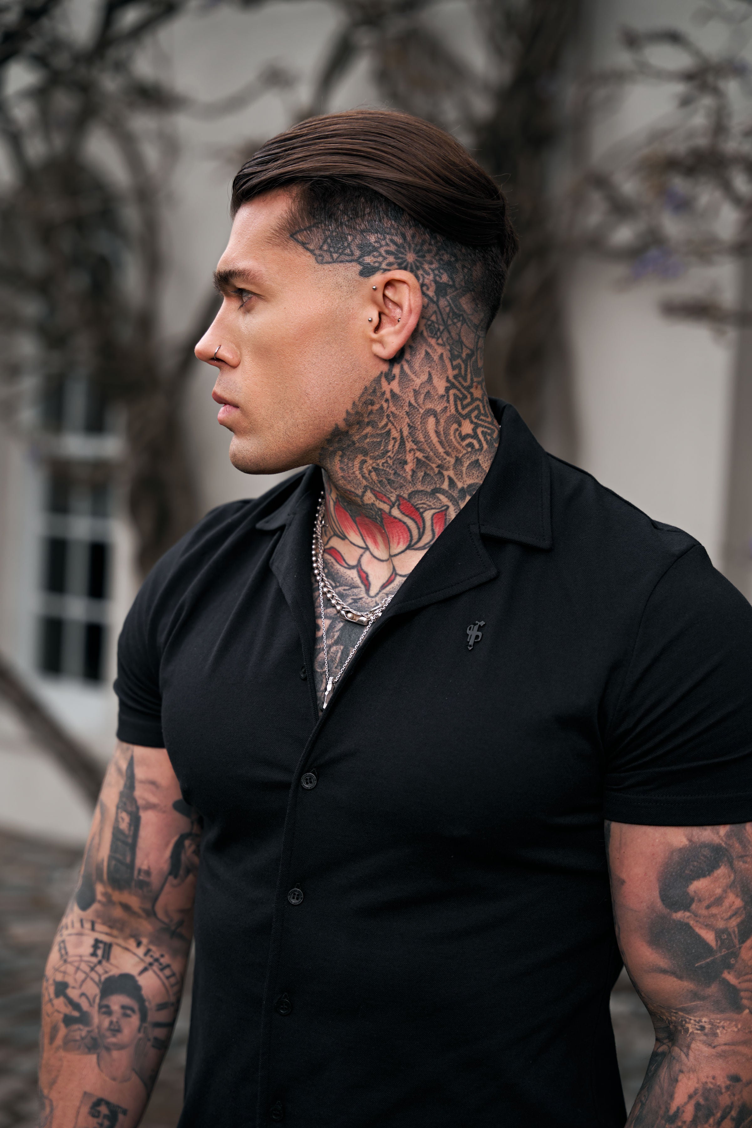 Stretch Black Pique Revere Shirt Short Sleeve - FSH1067