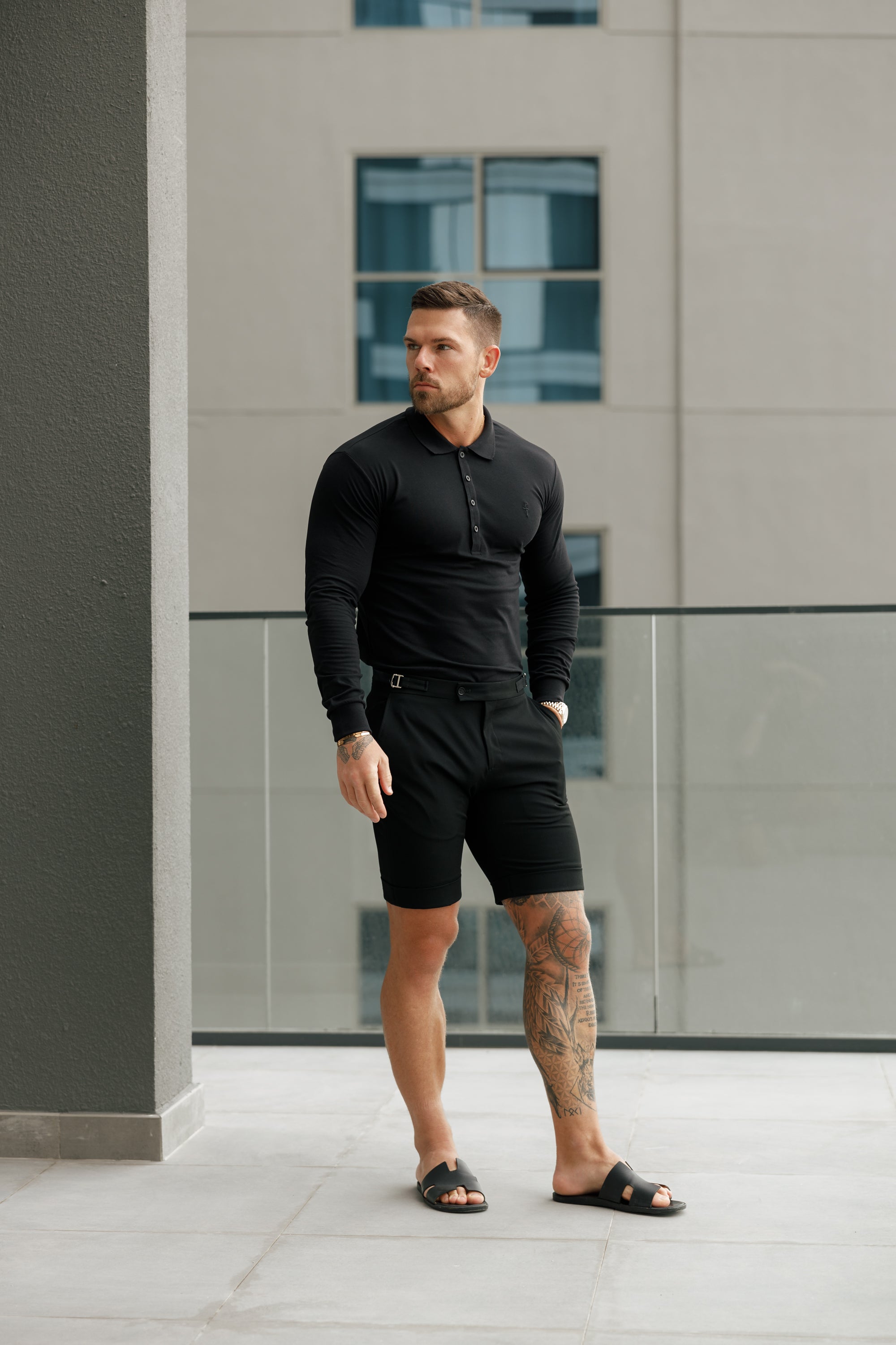 Classic Black Tonal  Polo Long Sleeve Shirt - FSH857