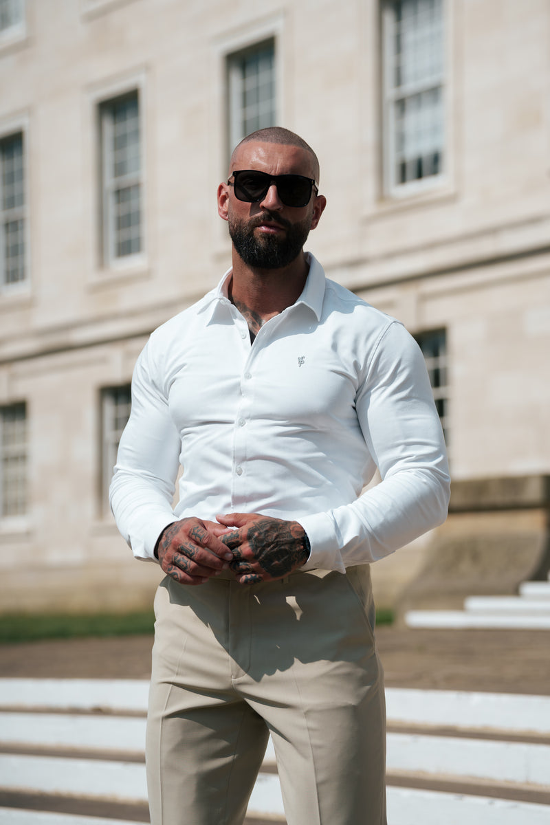 FS Super Slim Stretch White Denim Long Sleeve with Silver Metal Decal - FS1209