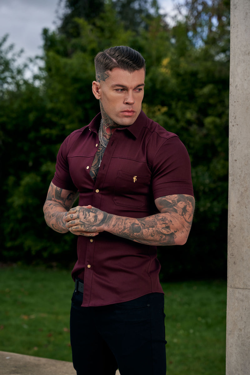 Father Sons Super Slim Stretch Burgundy Denim Short Sleeve with Horizontal Seam and Pocket- FS961