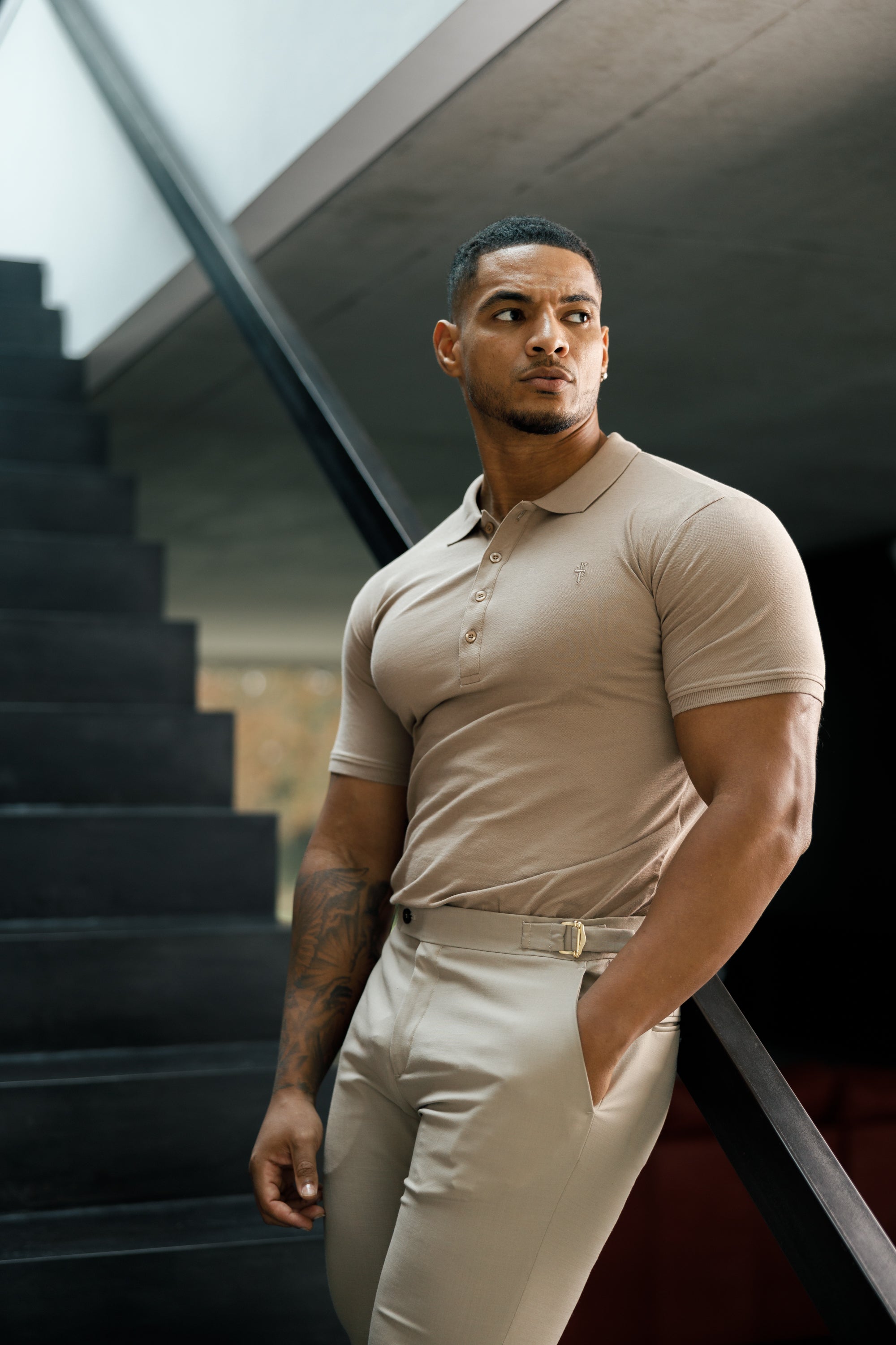 Classic Taupe Polo Shirt with Tonal Button and Embroidery - FSH913
