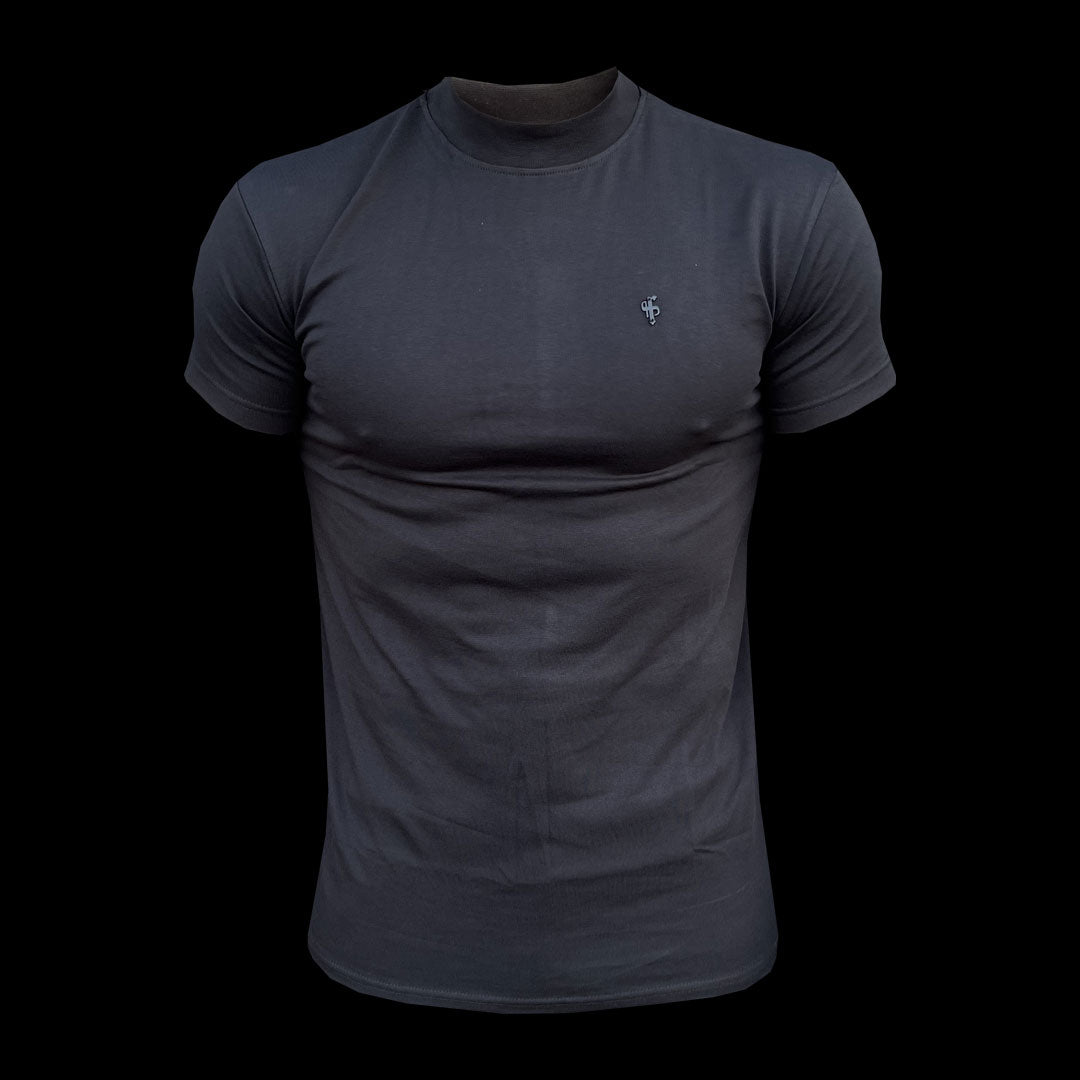 Ribbed High Neck Crew Short Sleeve Black / Black Metal Emblem  - FSH1004