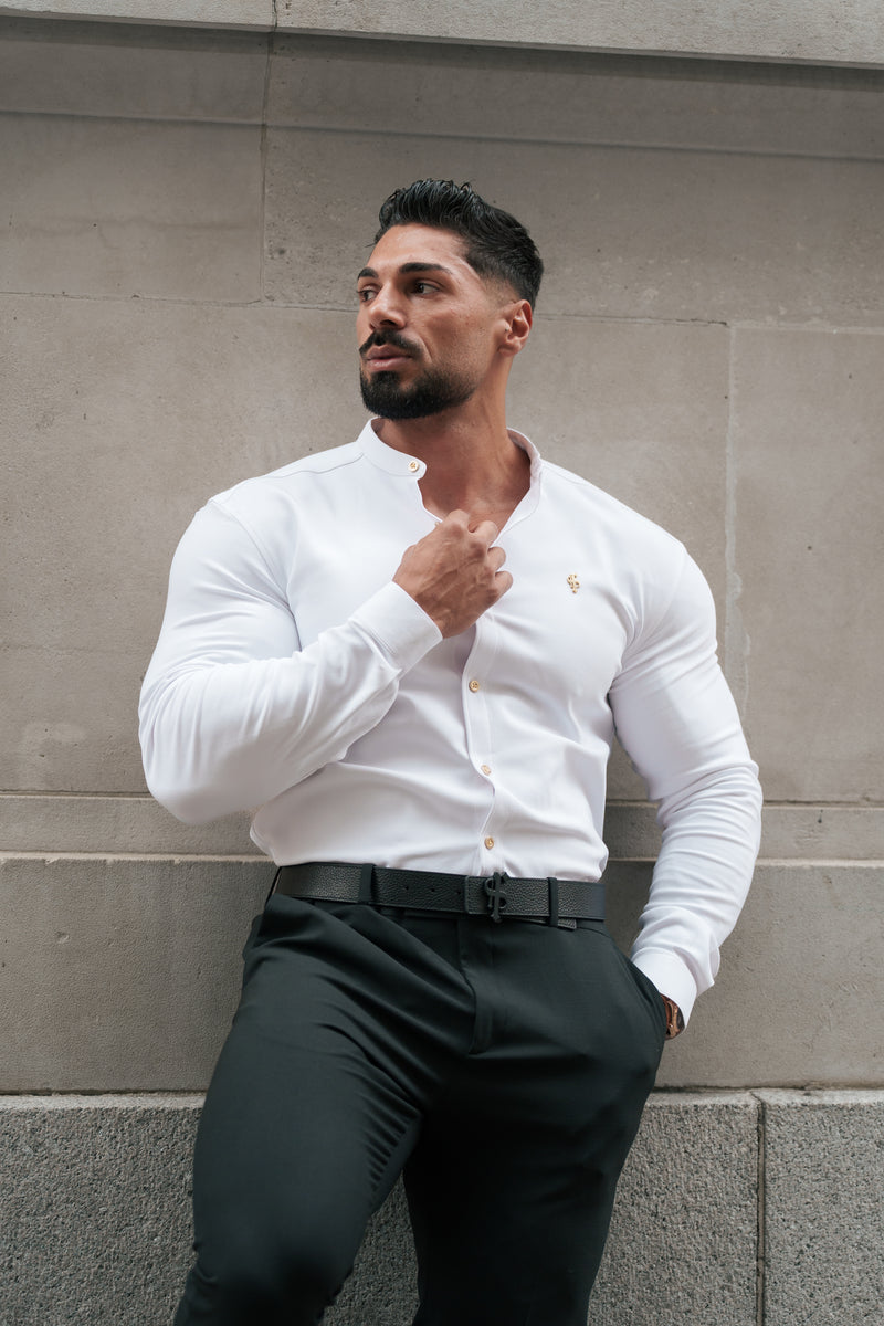 Father Sons Super Slim Scuba White / Gold Long Sleeve Stretch with Grandad Collar - FS1193