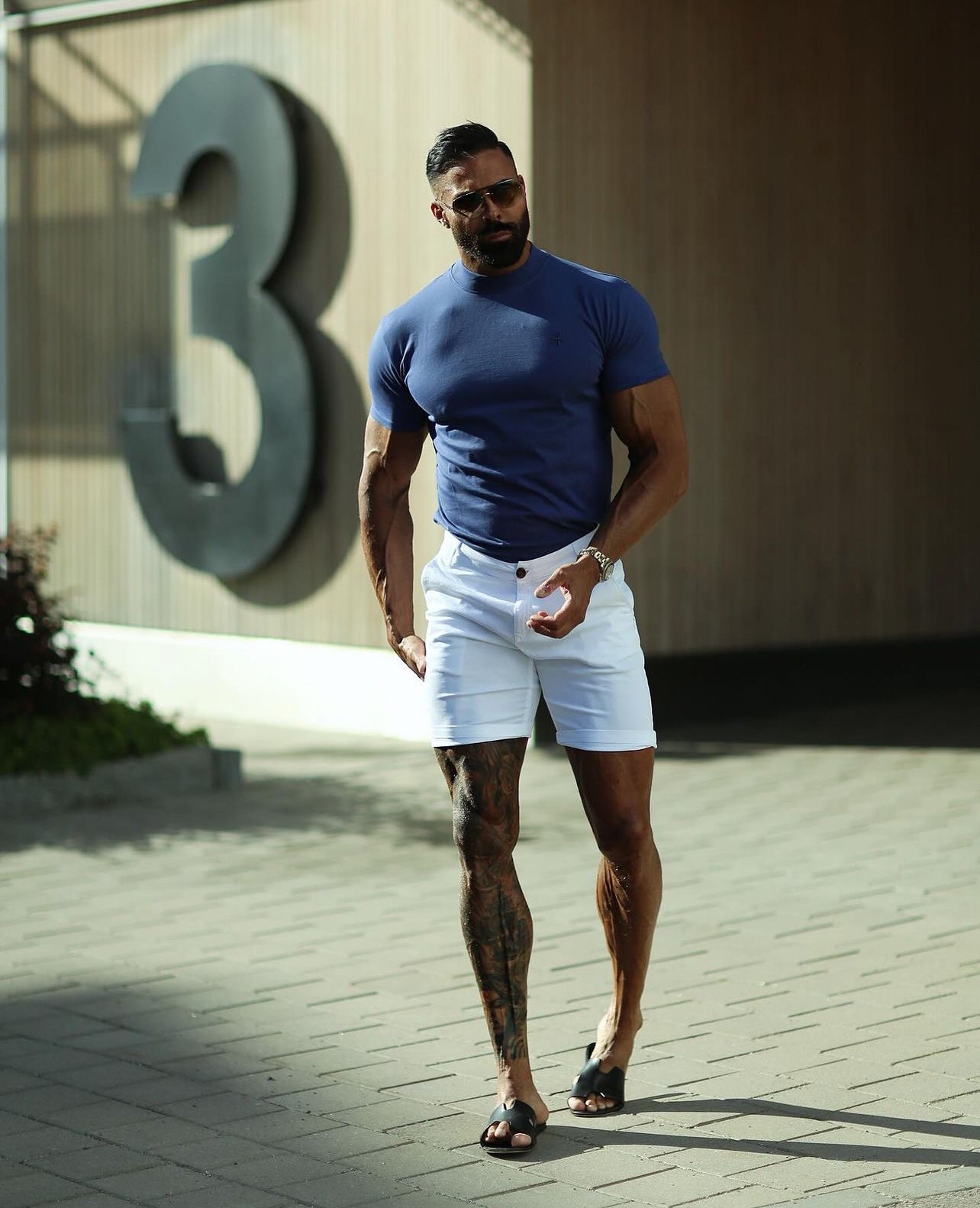 Ribbed High Neck Crew Short Sleeve Light Navy - FSH1009