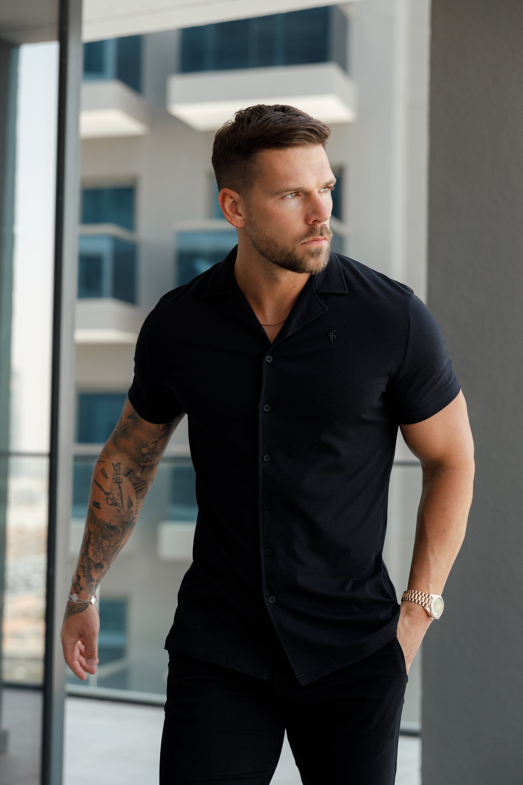 Stretch Black Pique Revere Shirt Short Sleeve - FSH1067