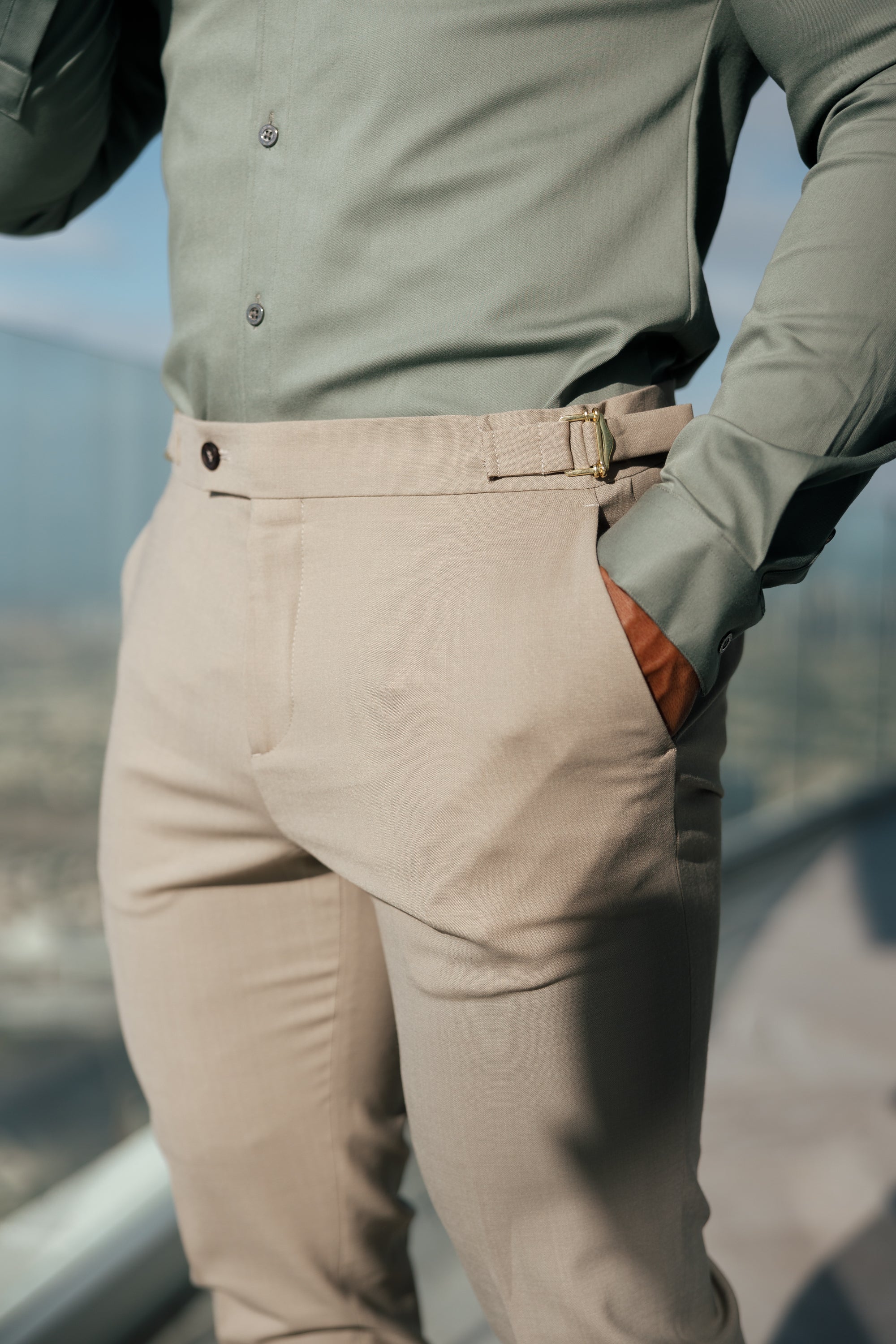 Father Sons Slim Formal Beige Stretch Pants With Gold Waist Adjusters - FST017