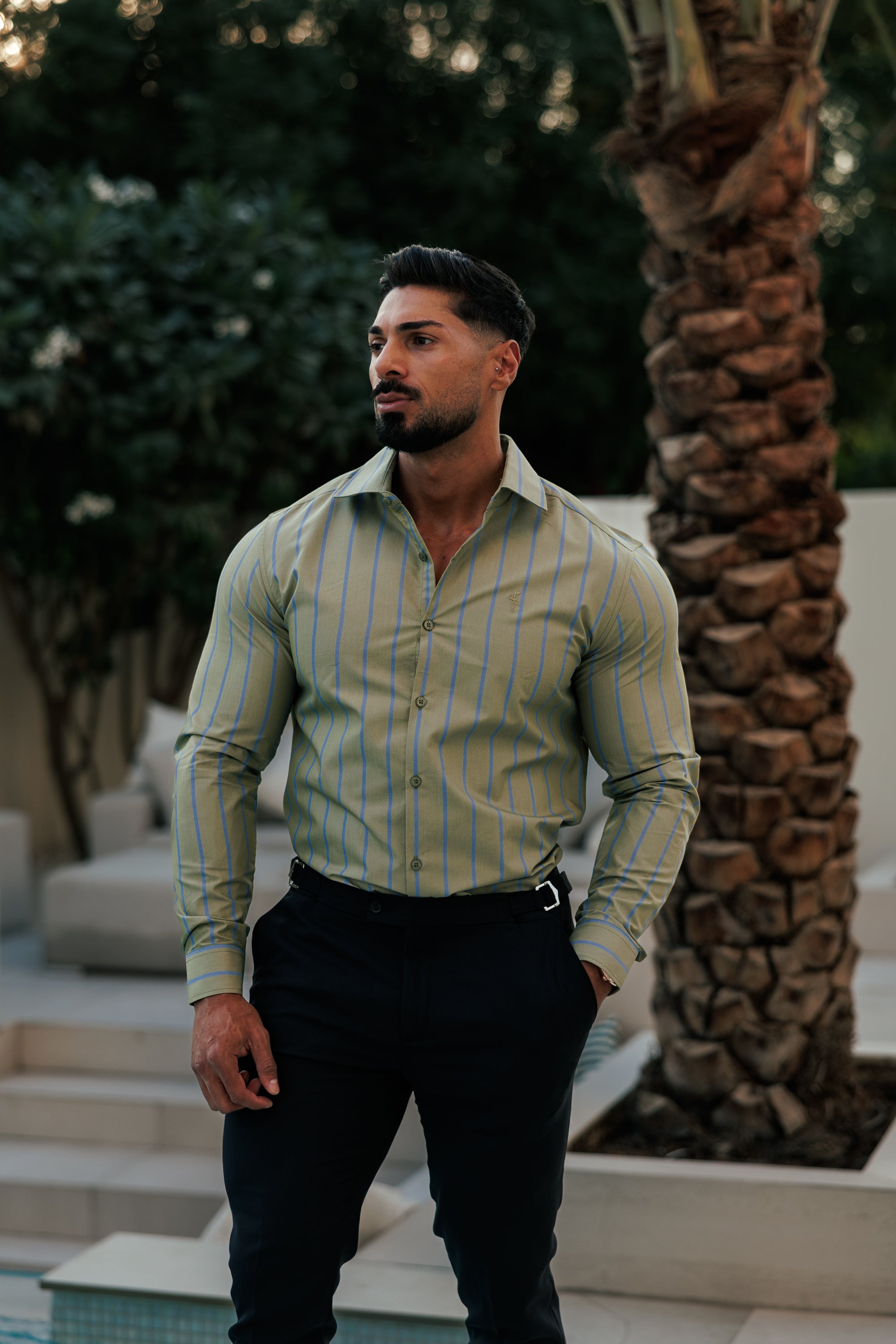Classic Green / Blue Stripe Long Sleeve with Cutaway Collar - FS1179