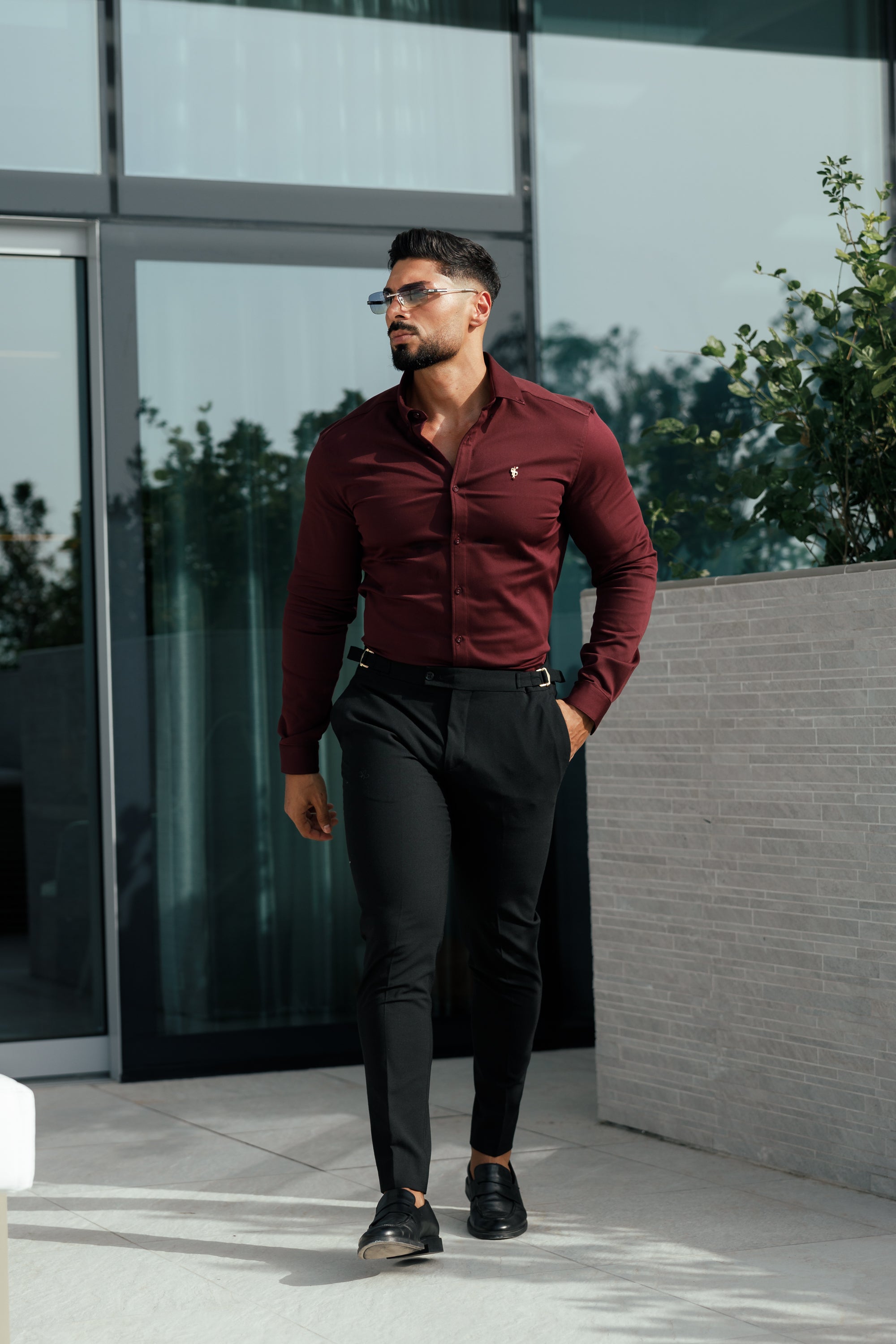 Super Slim Stretch Burgundy Denim Long Sleeve with Gold Metal Decal and Button Down Collar - FS1046