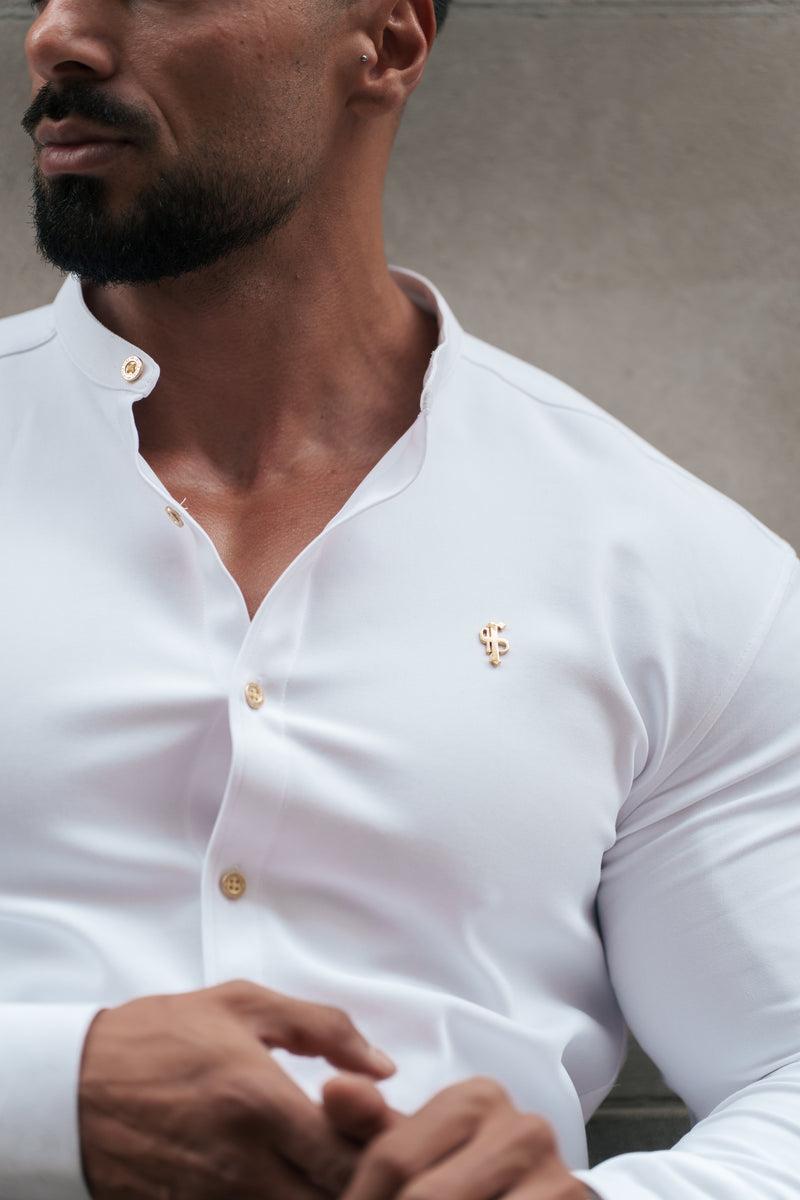 Father Sons Super Slim Scuba White / Gold Long Sleeve Stretch with Grandad Collar - FS1193