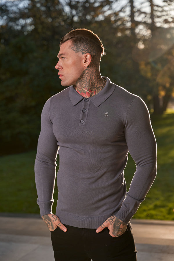 Father Sons Classic Gunmetal Knitted Polo Sweater Long Sleeve With Tonal FS Embroidery- FSN141