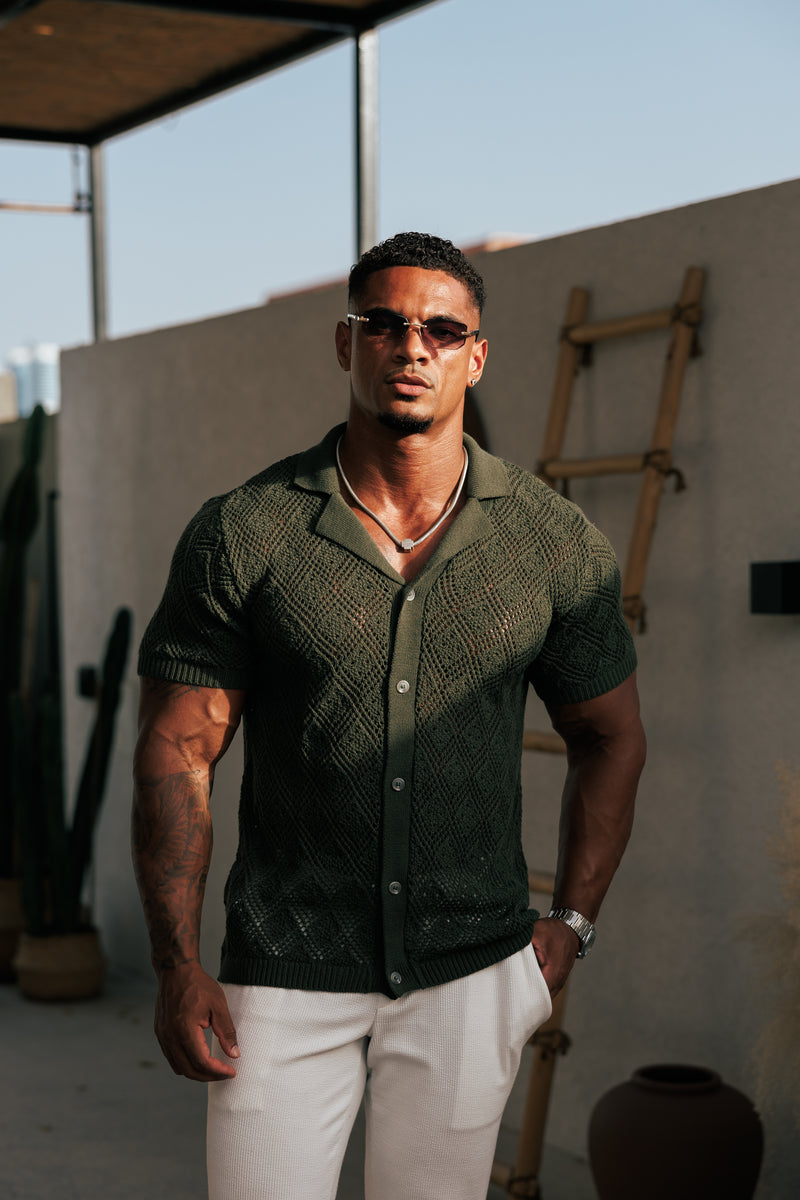 Father Sons Crochet Shirt Deep Olive Short Sleeve - FSJ081