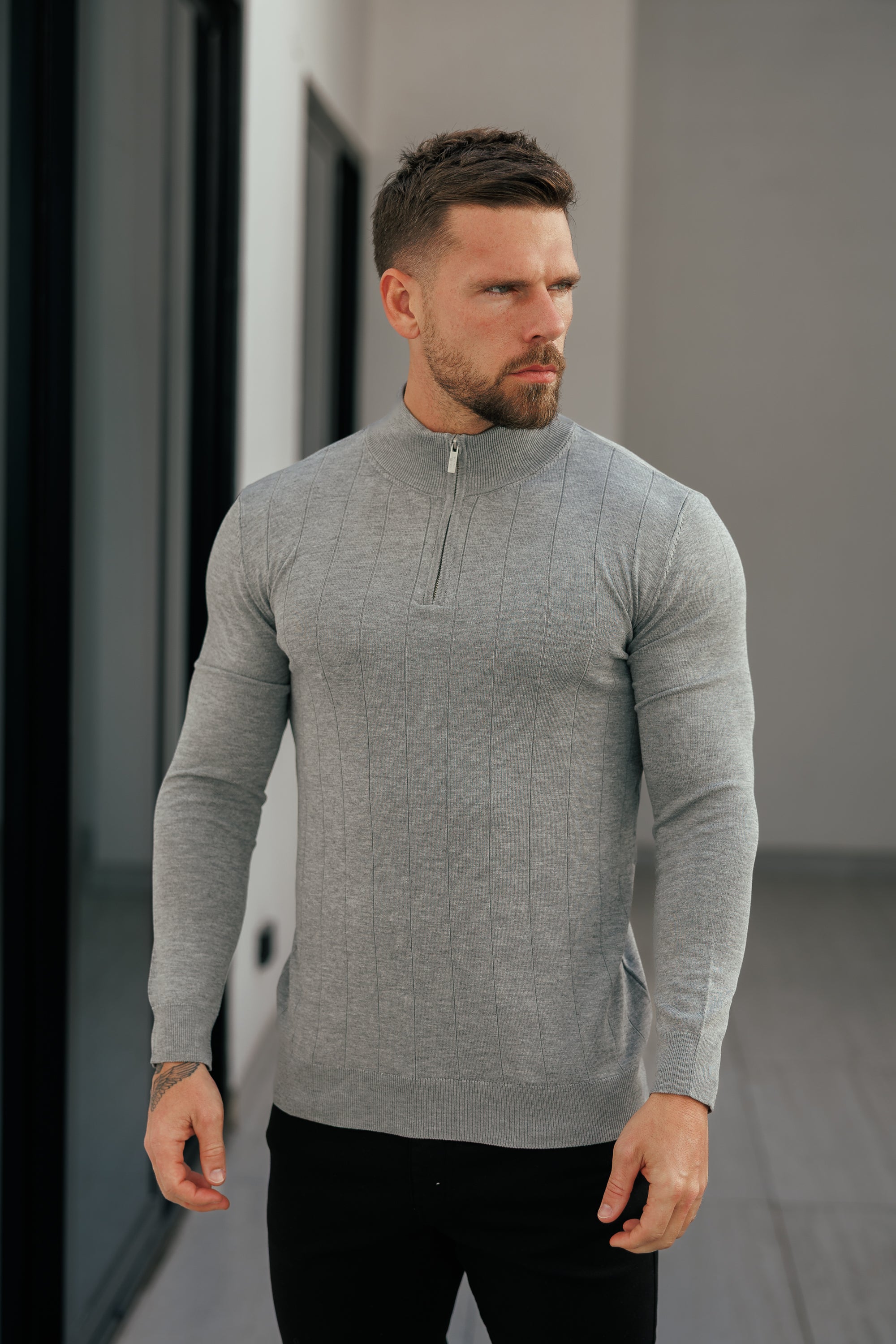 Self Stripe 1/4 Zip Funnel Neck Knit Jumper Light Charcoal Long Sleeve  -  FSR053