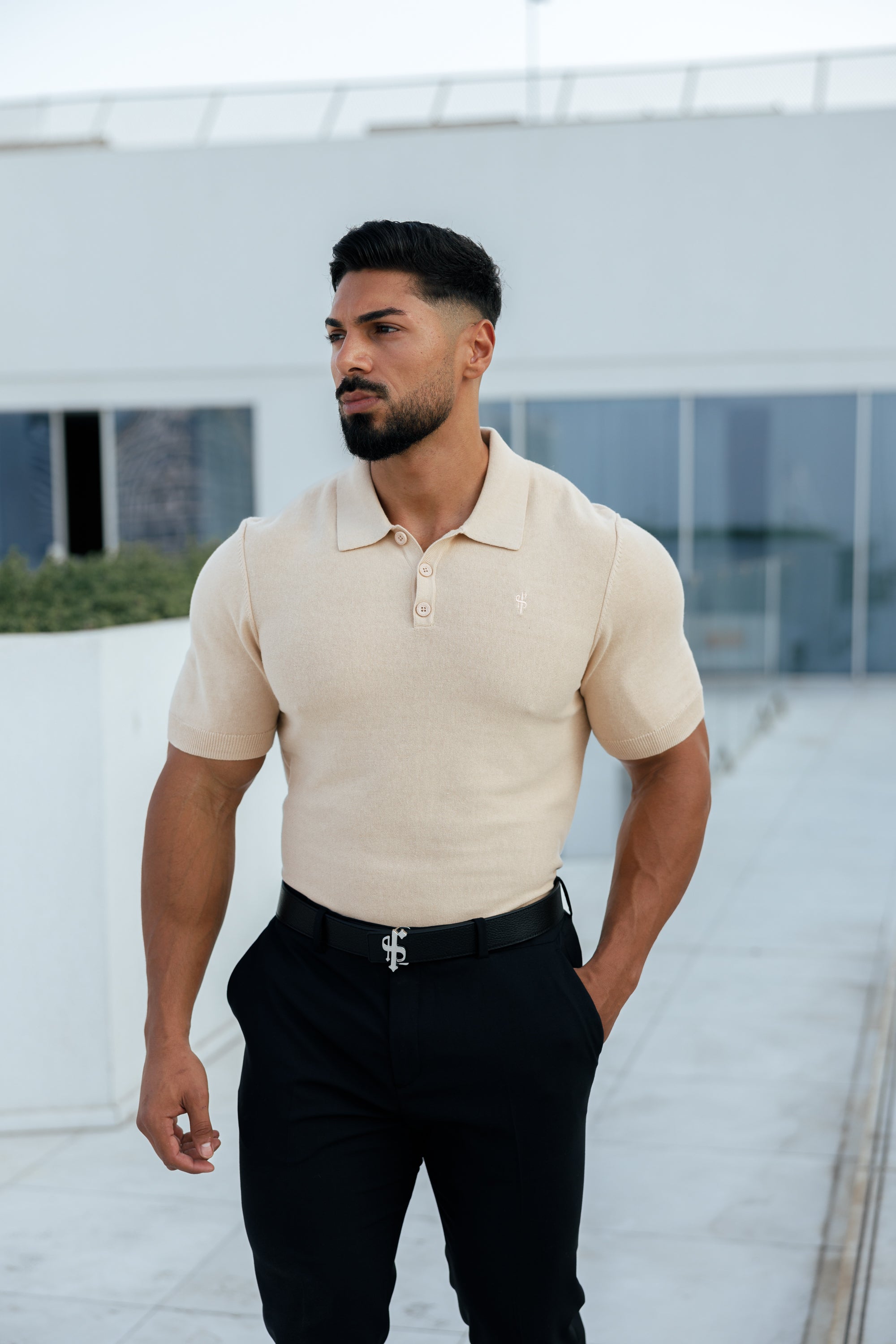 Classic Plain Beige Knitted Polo Short Sleeve - FSN111