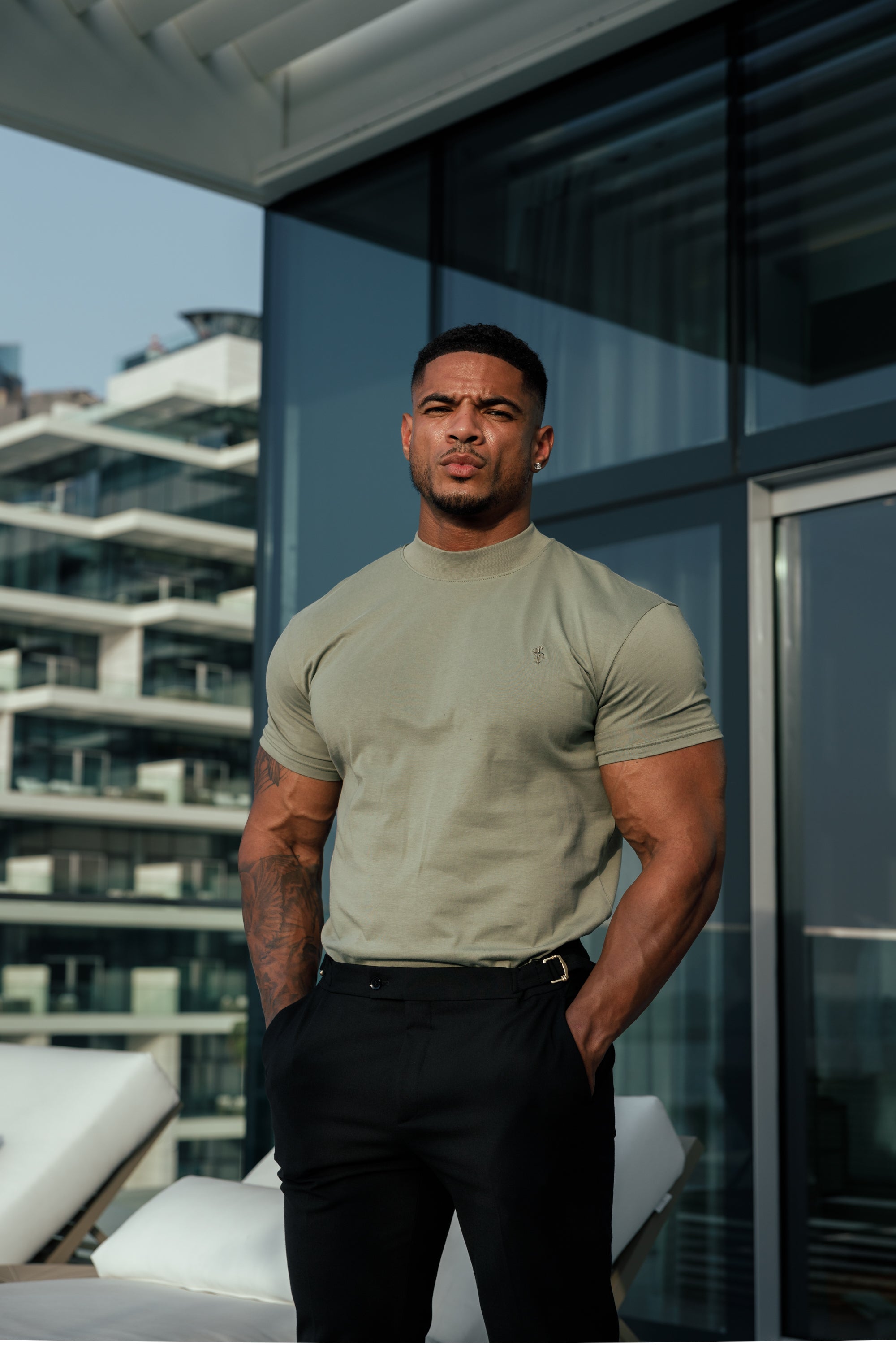 Ribbed High Neck Crew Short Sleeve Olive - FSH1010