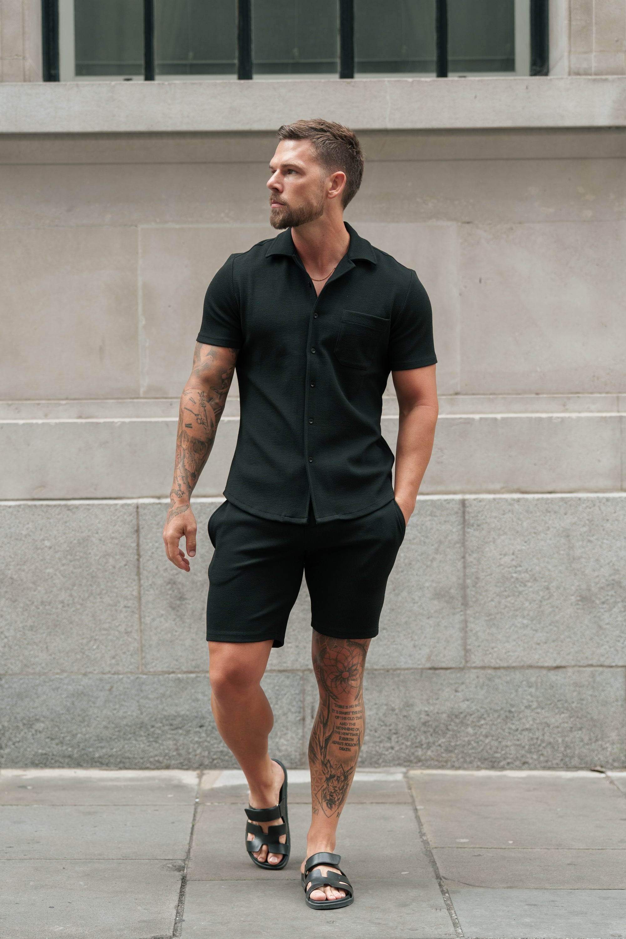 Jersey Cord Stretch Black Revere Shirt Short Sleeve - FSR018