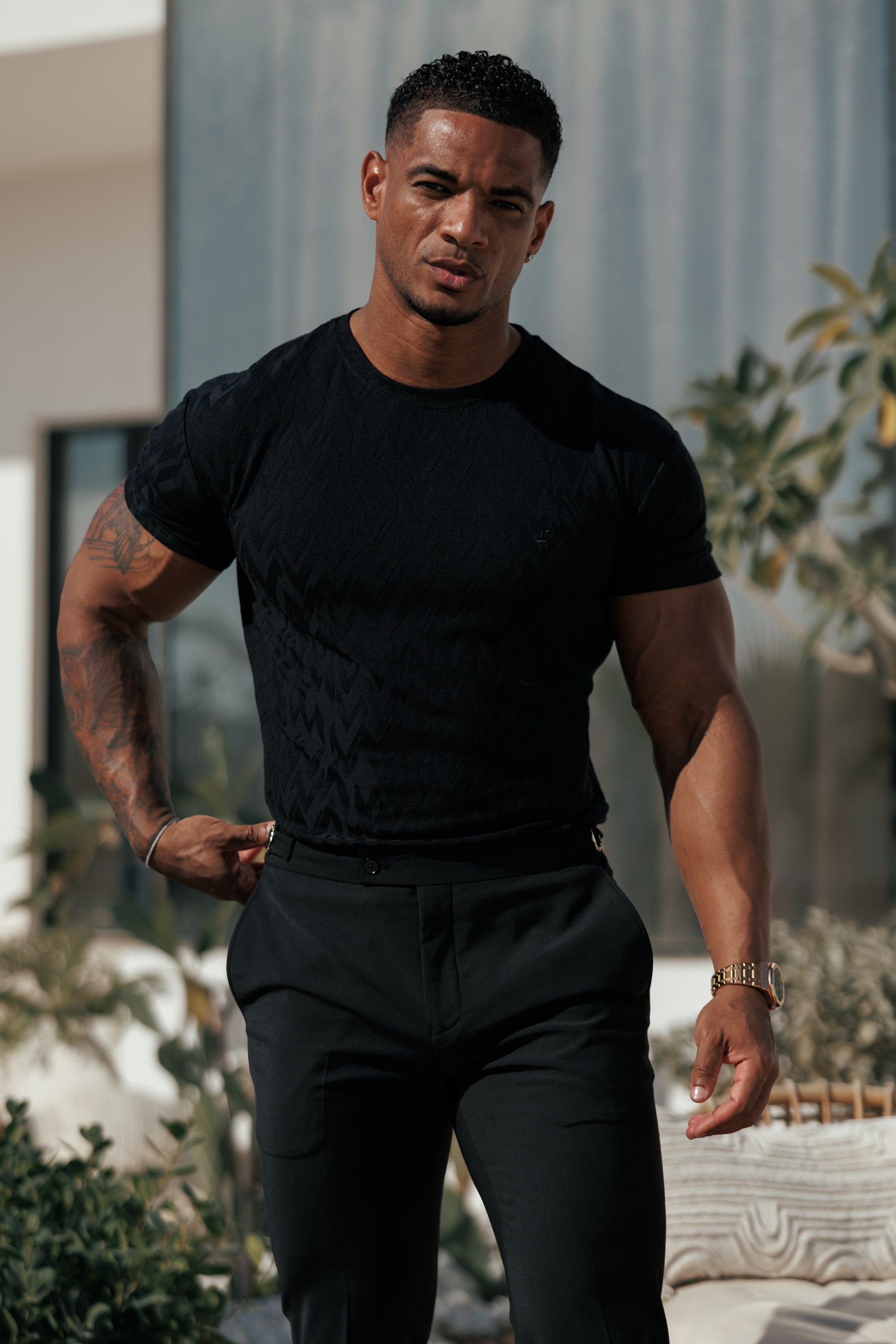 Regular Fit Jacquard Black Chevron T-Shirt - FSR046