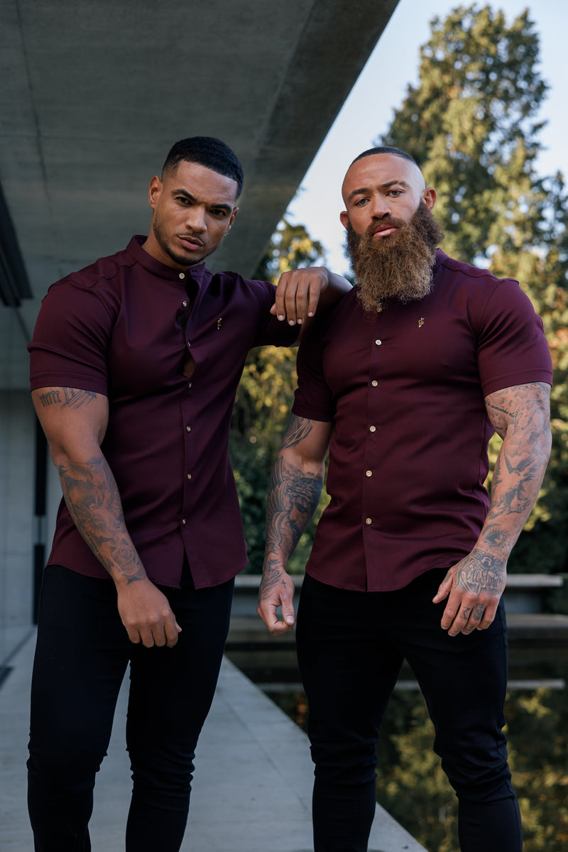 Father Sons Super Slim Stretch Burgundy Denim Short Sleeve Grandad collar with Metal Buttons and Decal Emblem - FS722