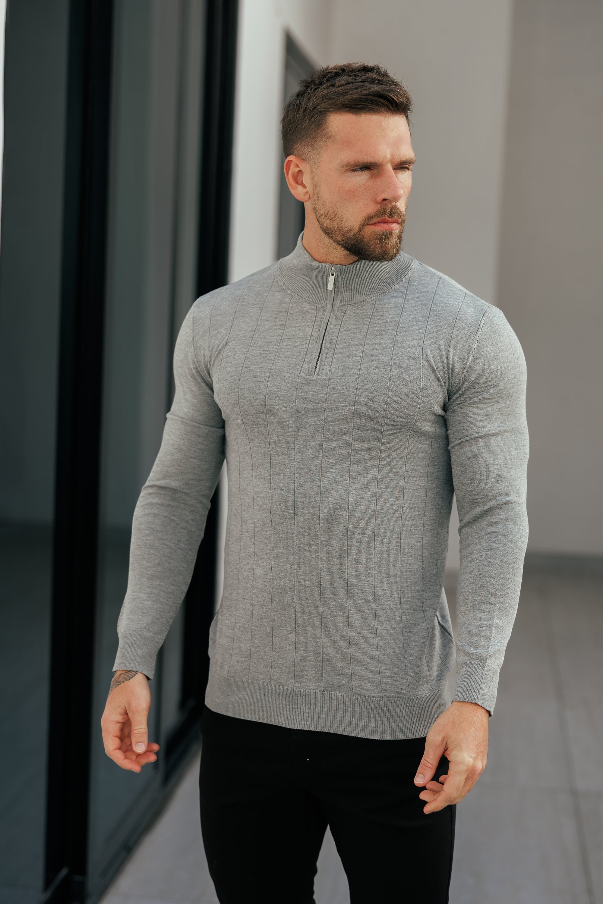 Self Stripe 1/4 Zip Funnel Neck Knit Jumper Light Charcoal Long Sleeve  -  FSR053