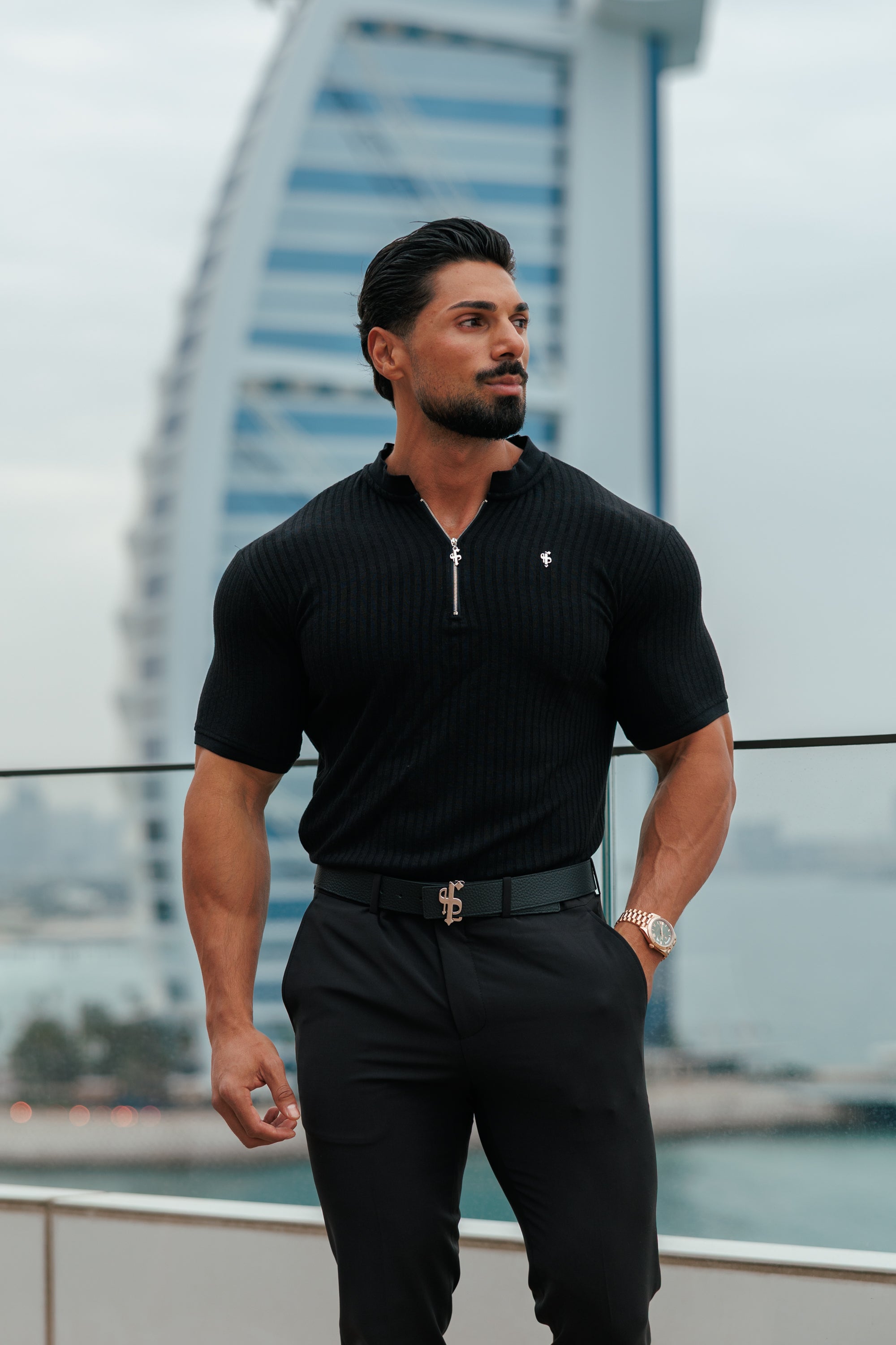Super Slim Black / Silver  Ribbed Zip Grandad Collar Shirt Short Sleeve - FSH1445