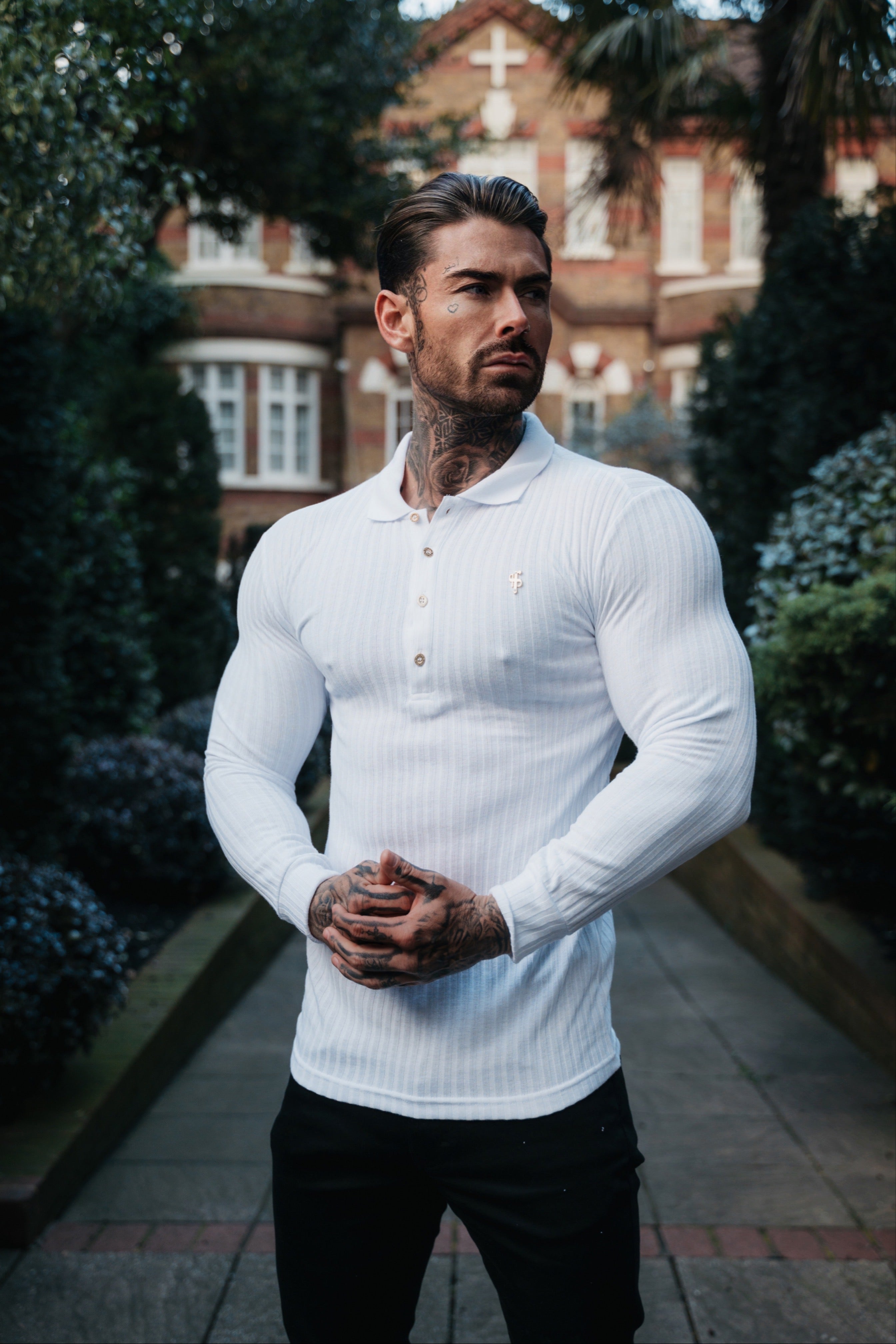 Classic White Ribbed Polo Shirt Long Sleeve With Gold Decal - FSH975