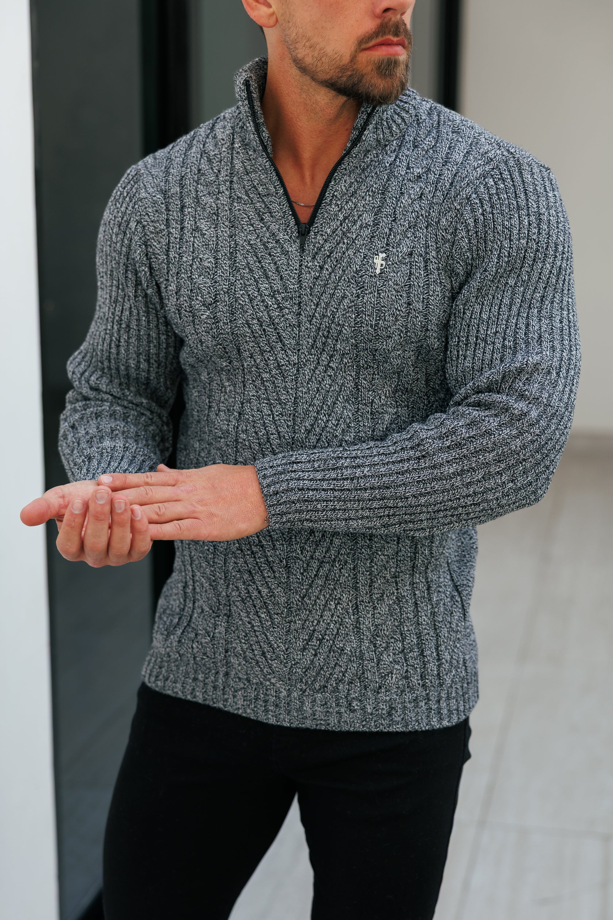 Funnel Neck Jumper with Quarter Zip Black / White Two Tone - FSJ154