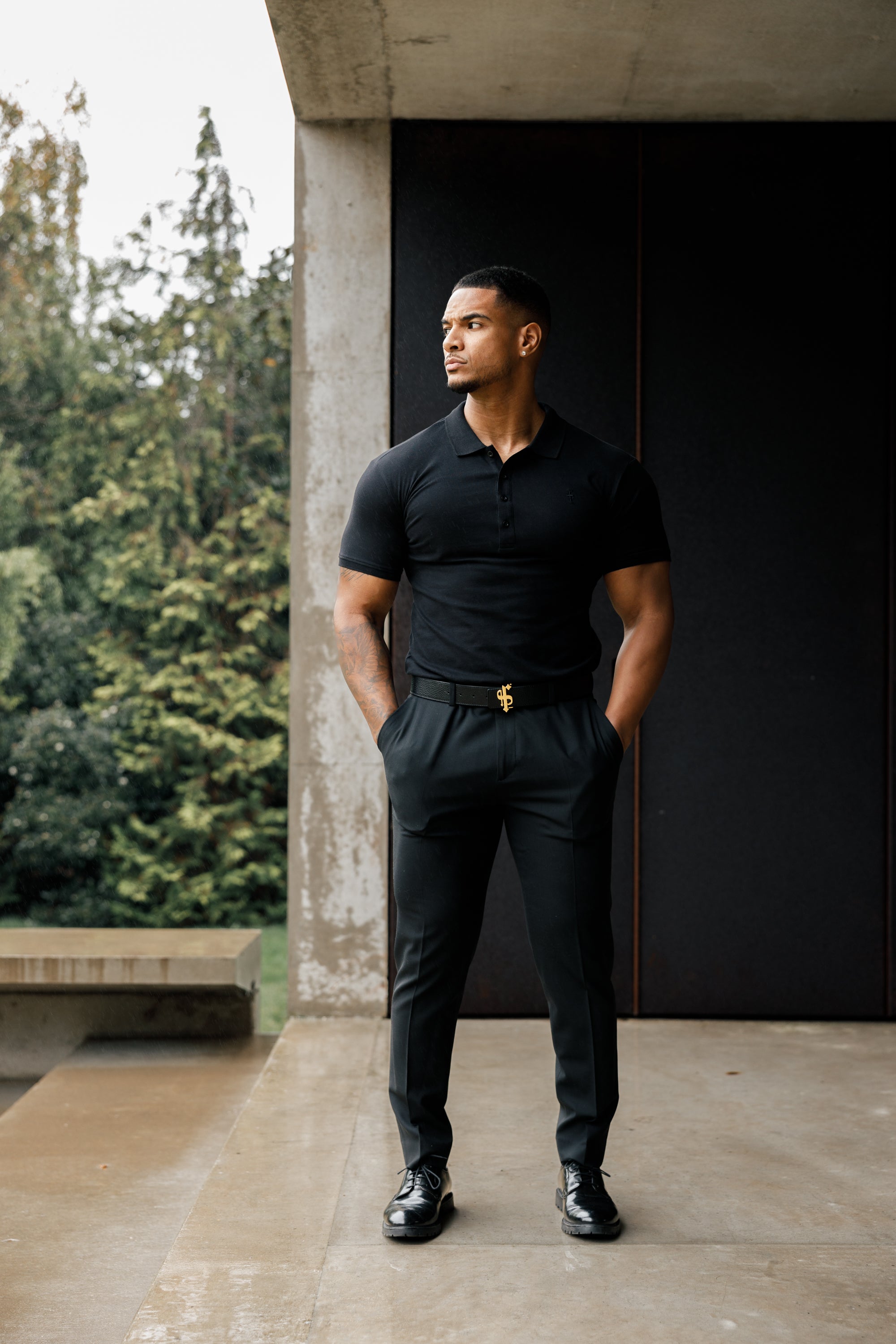 Classic Black Polo Shirt with Tonal Button and Embroidery - FSH824