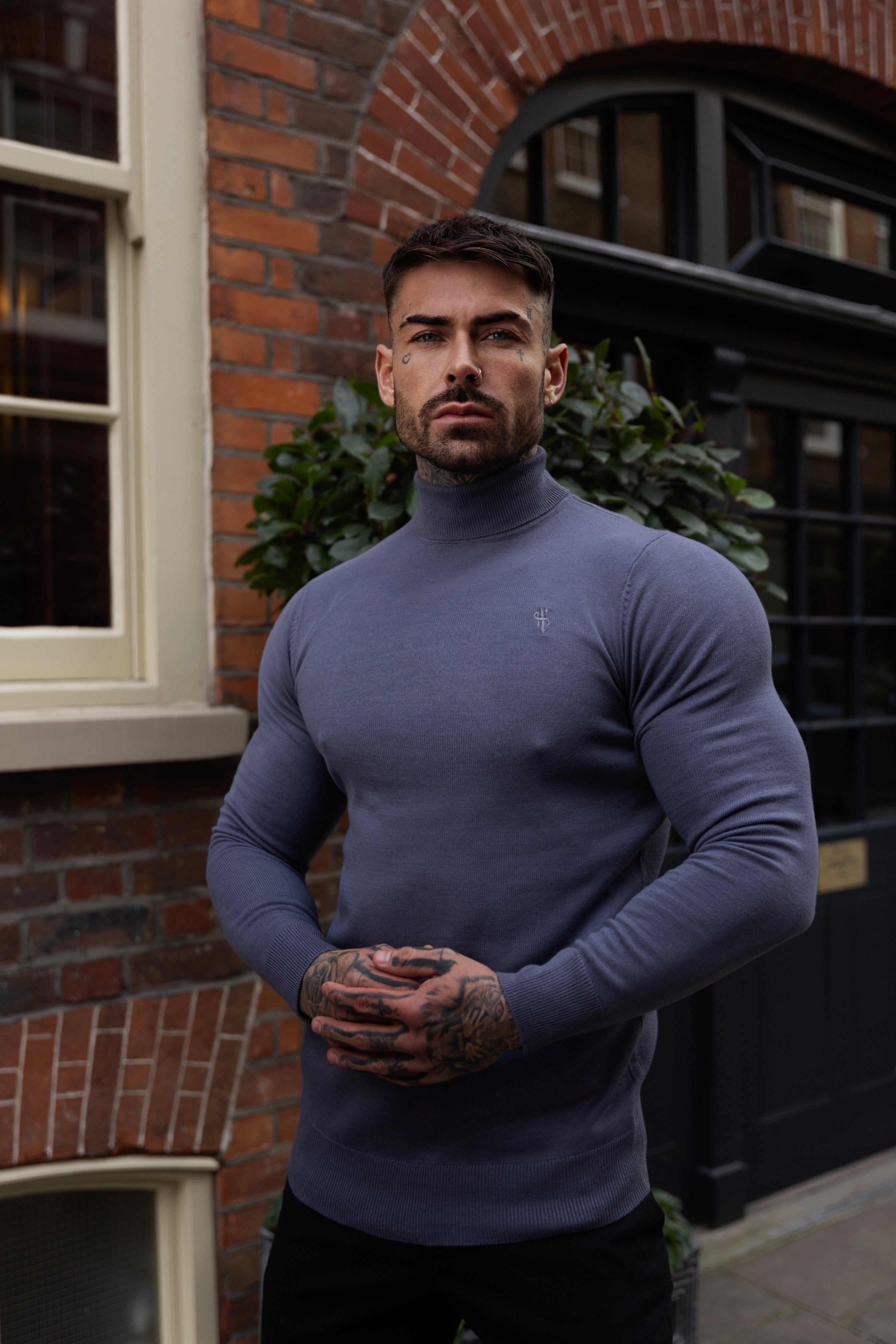 Classic Gunmetal Roll Neck Knitted Jumper With Tonal Emblem - FSN137