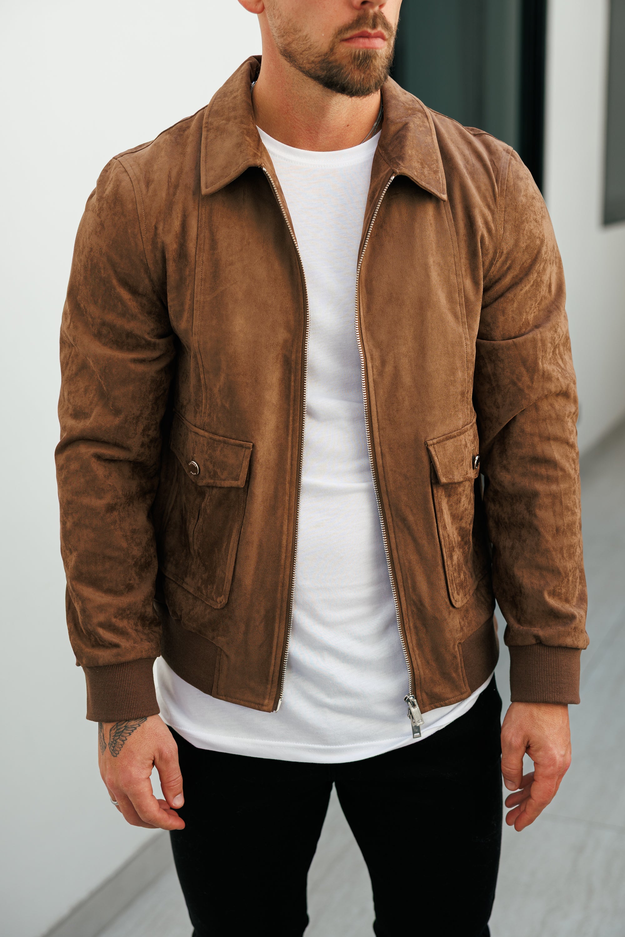 Suede Feel Light Brown Bomber Jacket - FSN229
