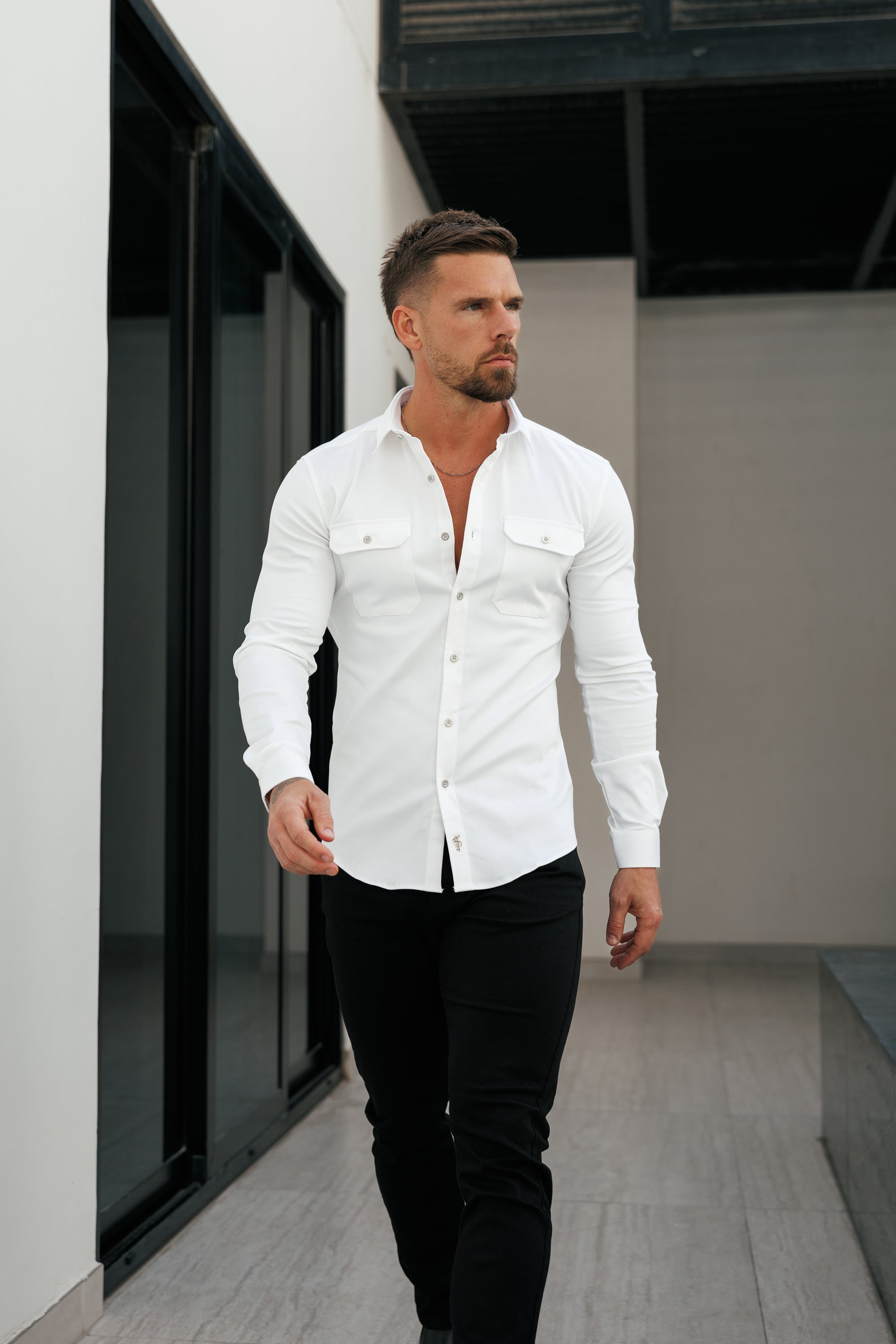 Super Slim Stretch White Denim Shacket with Silver Buttons - FS758