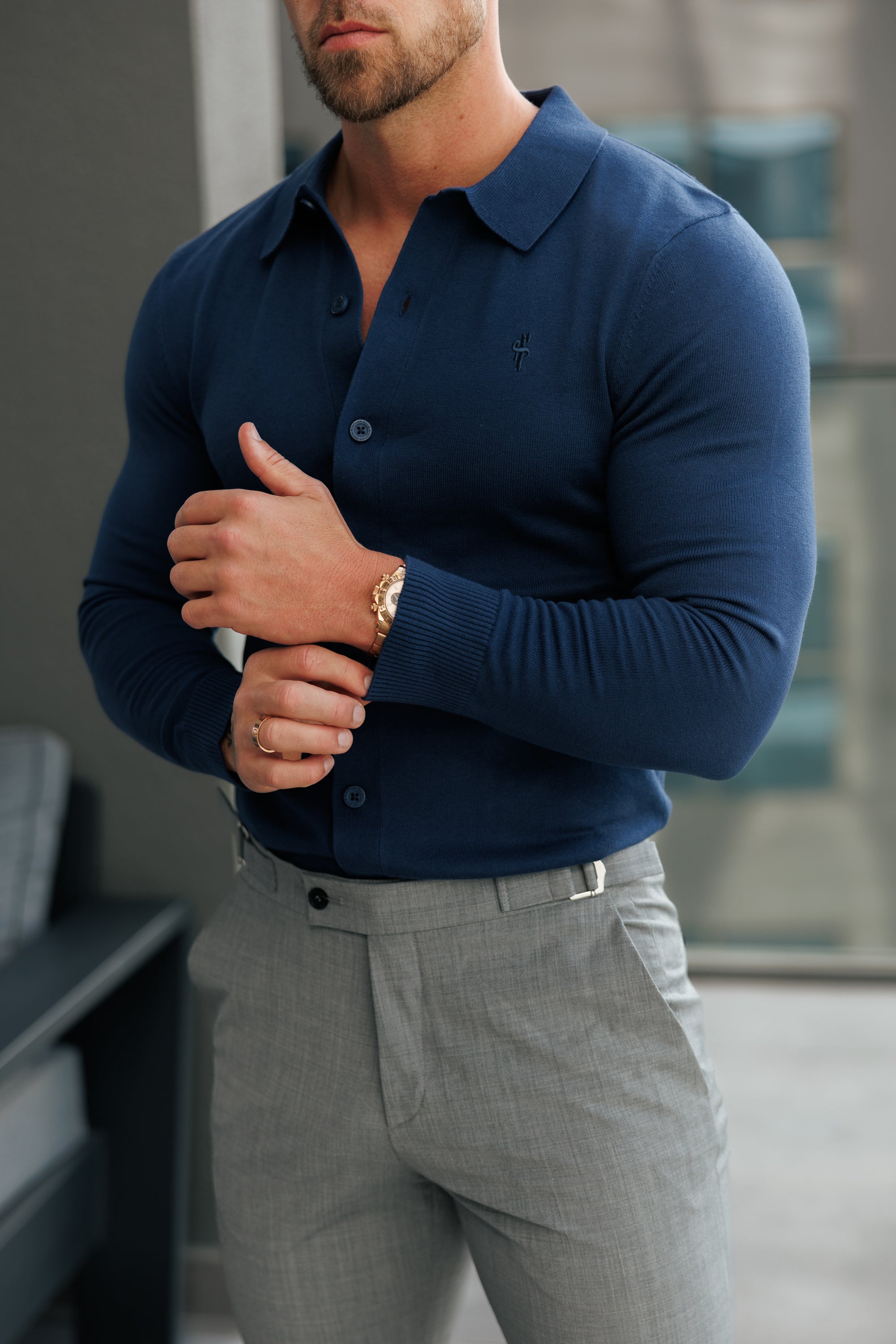 Classic Plain New Navy Knitted Button Through Polo Long Sleeve Sleeve - FSN212