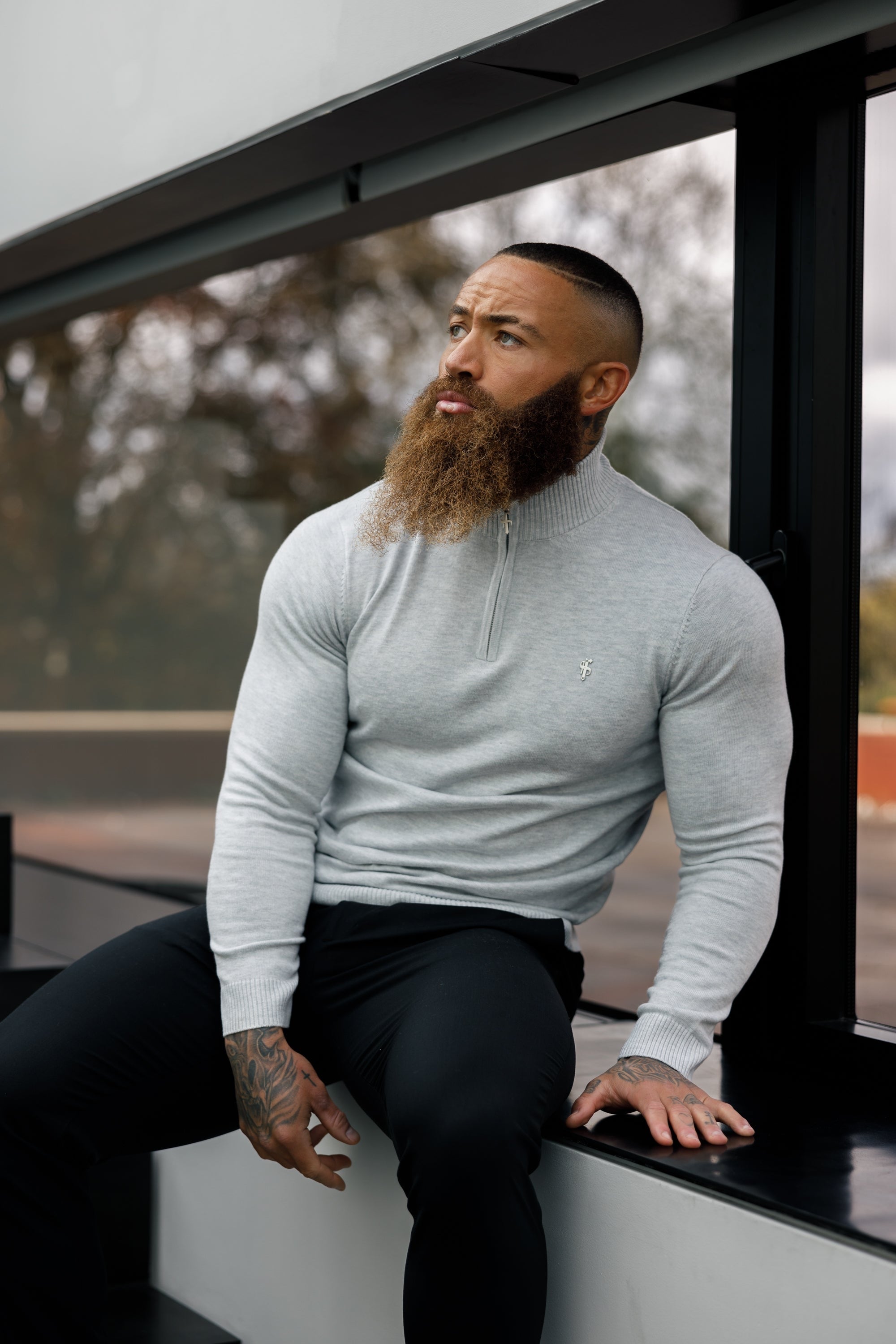 FS Light Grey Funnel Neck Knitted Jumper With FS Branding  - FSN193