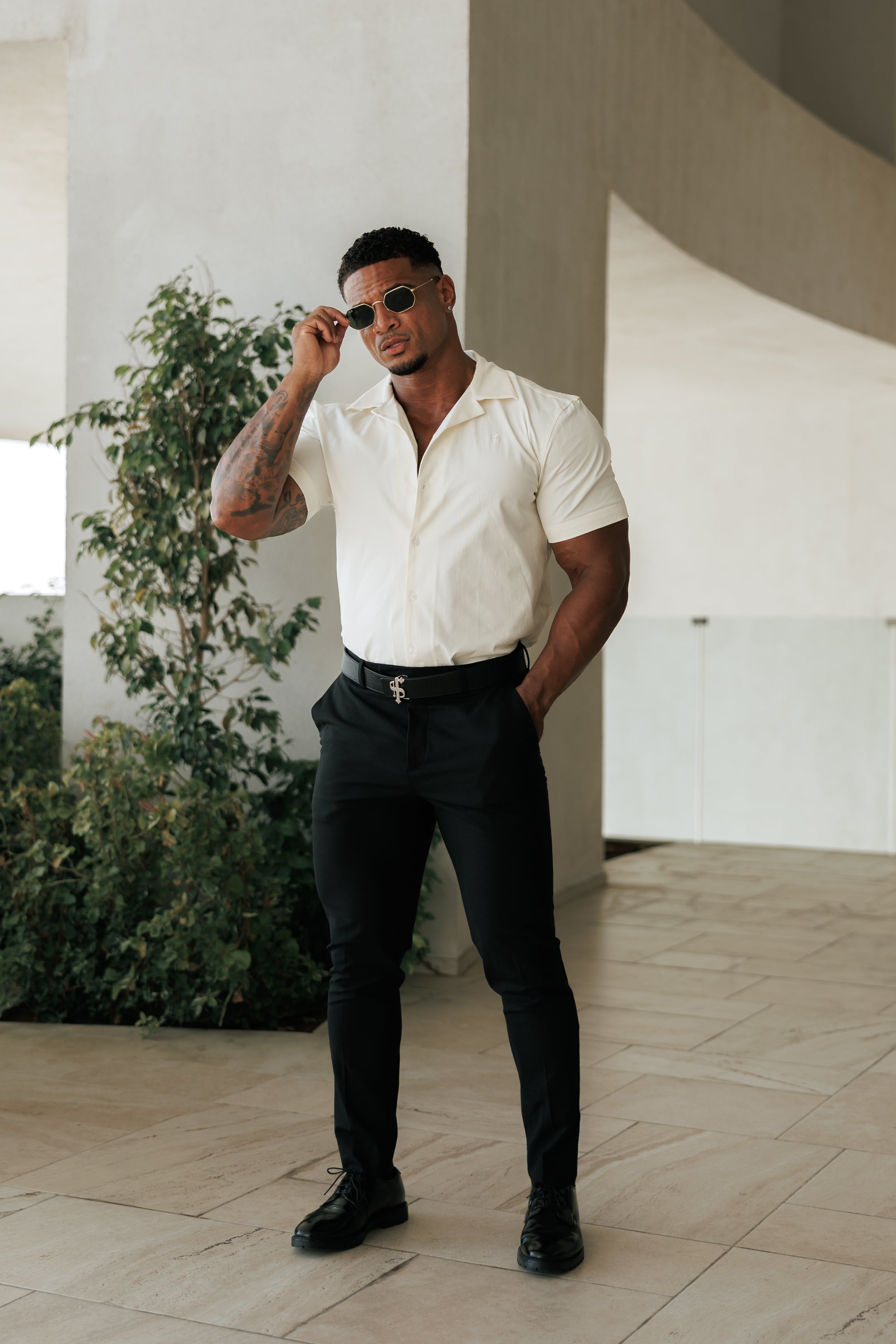 Hawaiian Boxy Stretch Cream Short Sleeve with Revere Collar - FS1094