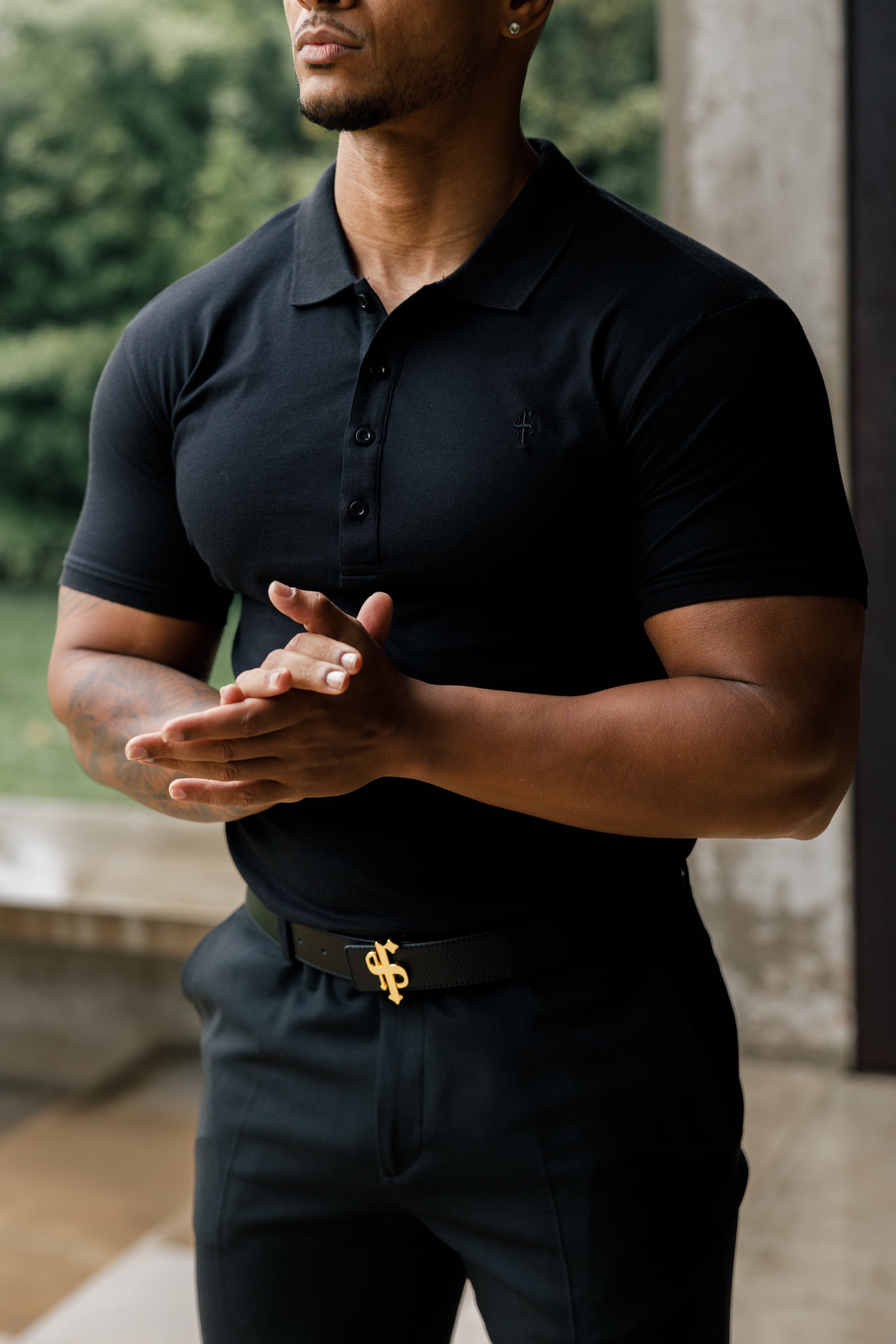 Classic Black Polo Shirt with Tonal Button and Embroidery - FSH824