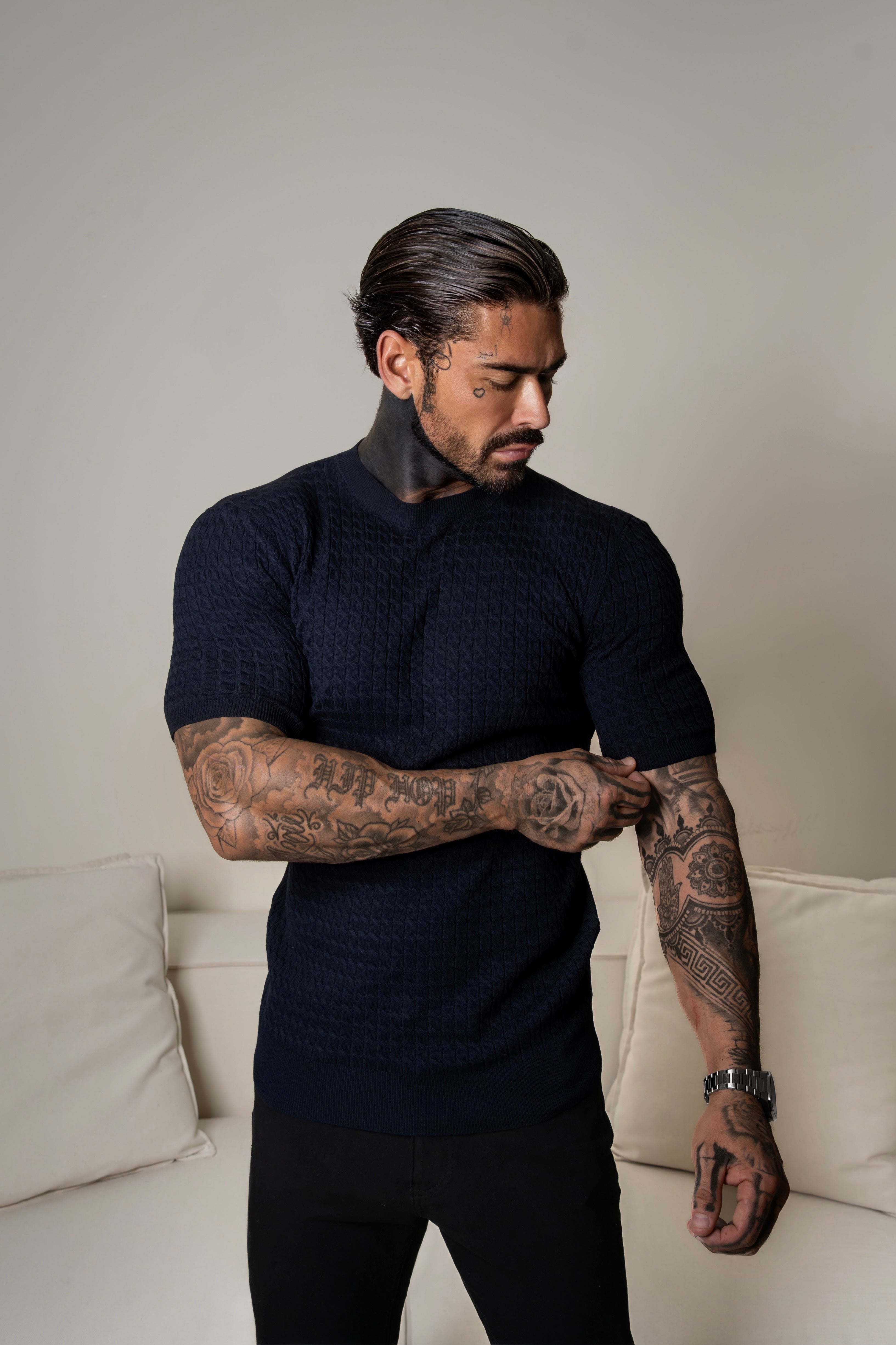 Front Chain Knit Crew Tshirt Navy Short Sleeve  -  FSR054