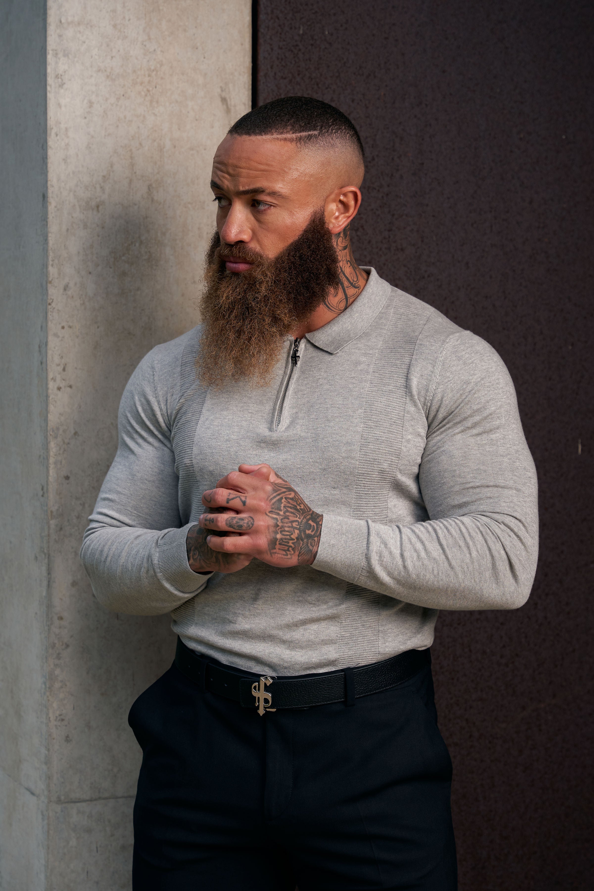 Classic Grey Marl and Silver Zip Knitted Polo Shirt Long Sleeve - FSN127