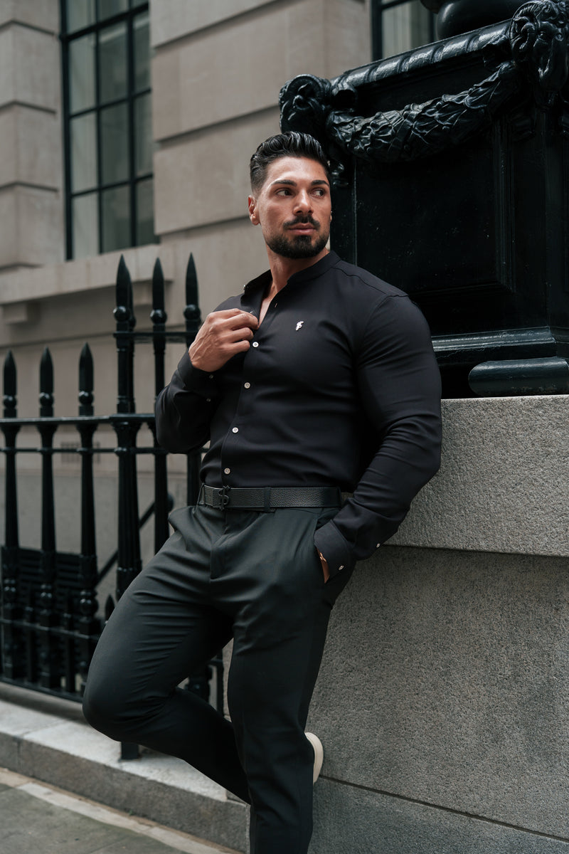 Father Sons Super Slim Scuba Black / Silver Long Sleeve Stretch with Grandad Collar - FS1191