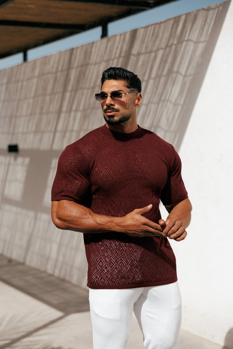 Father Sons Crochet Crew T-Shirt Burgundy Short Sleeve - FSJ089