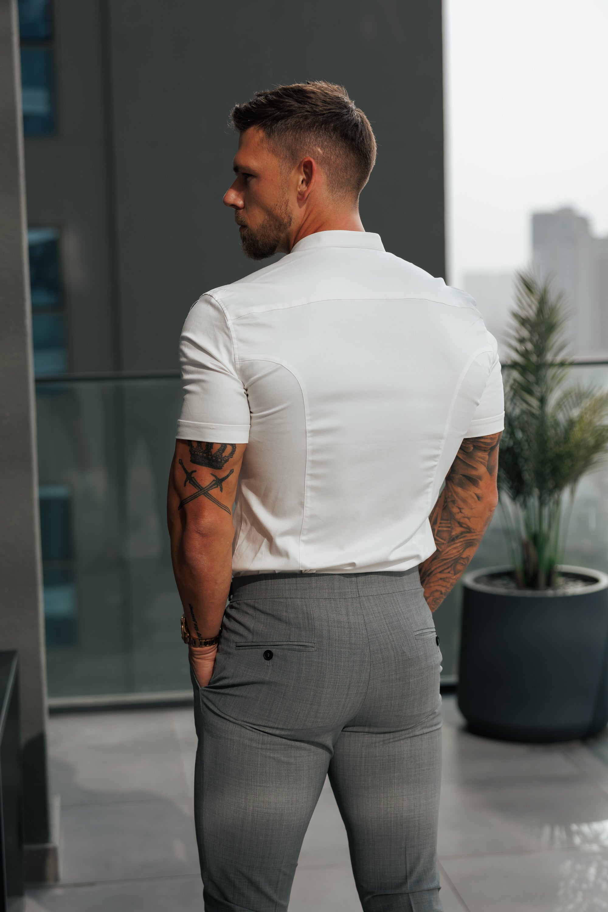 Super Slim Stretch Off White Side Panel Shirt Grandad Collar SS - FS1140