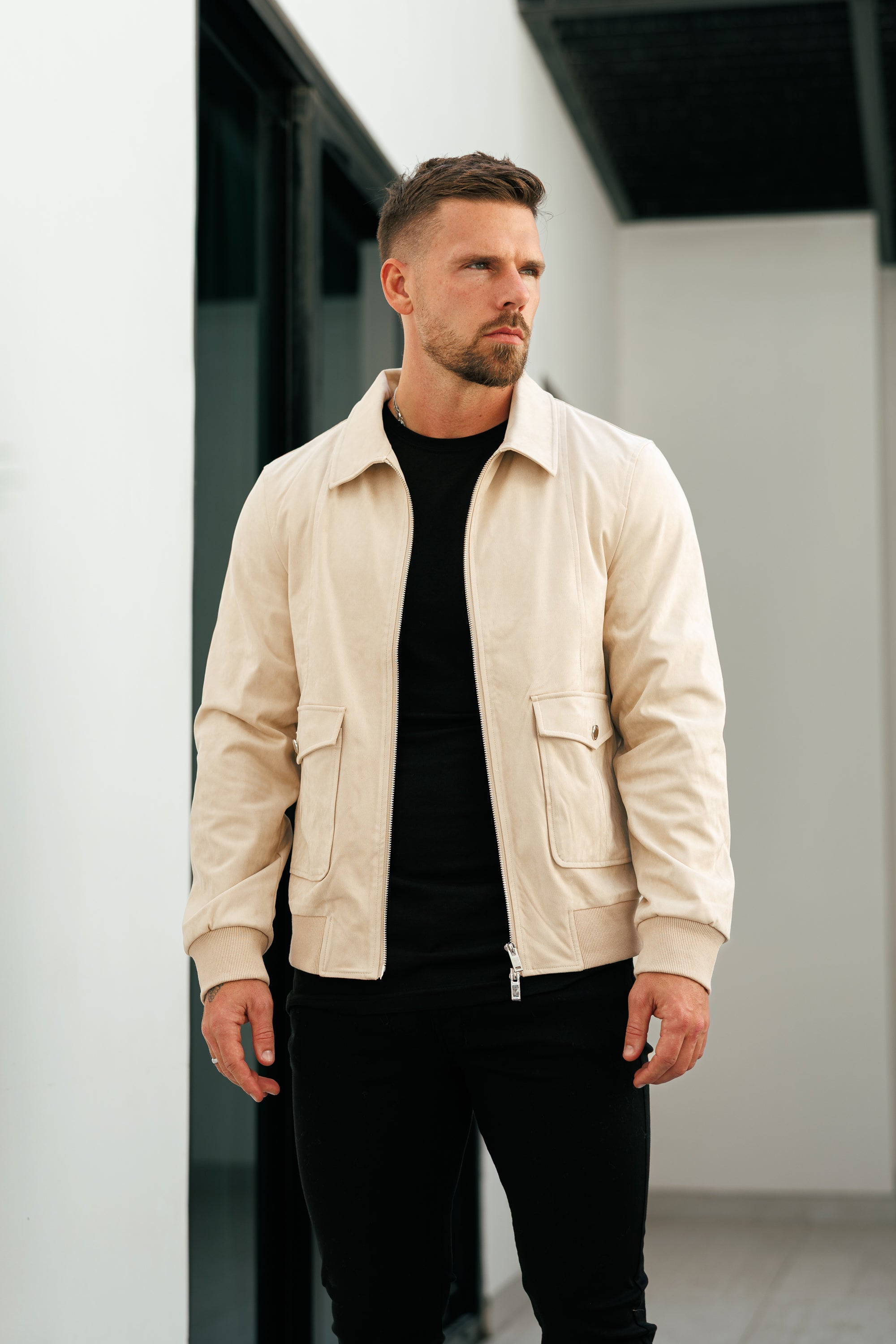 Suede Feel Beige Bomber Jacket - FSN228